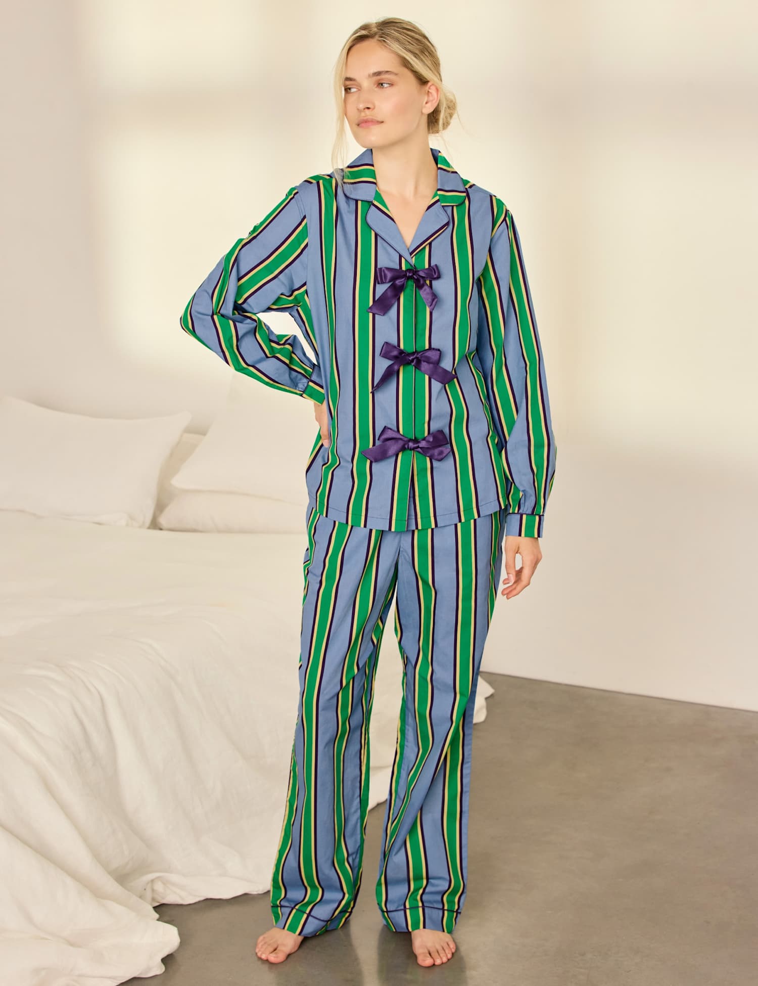 Chelsea Peers Pure Cotton Striped Long Pyjama Set Multi