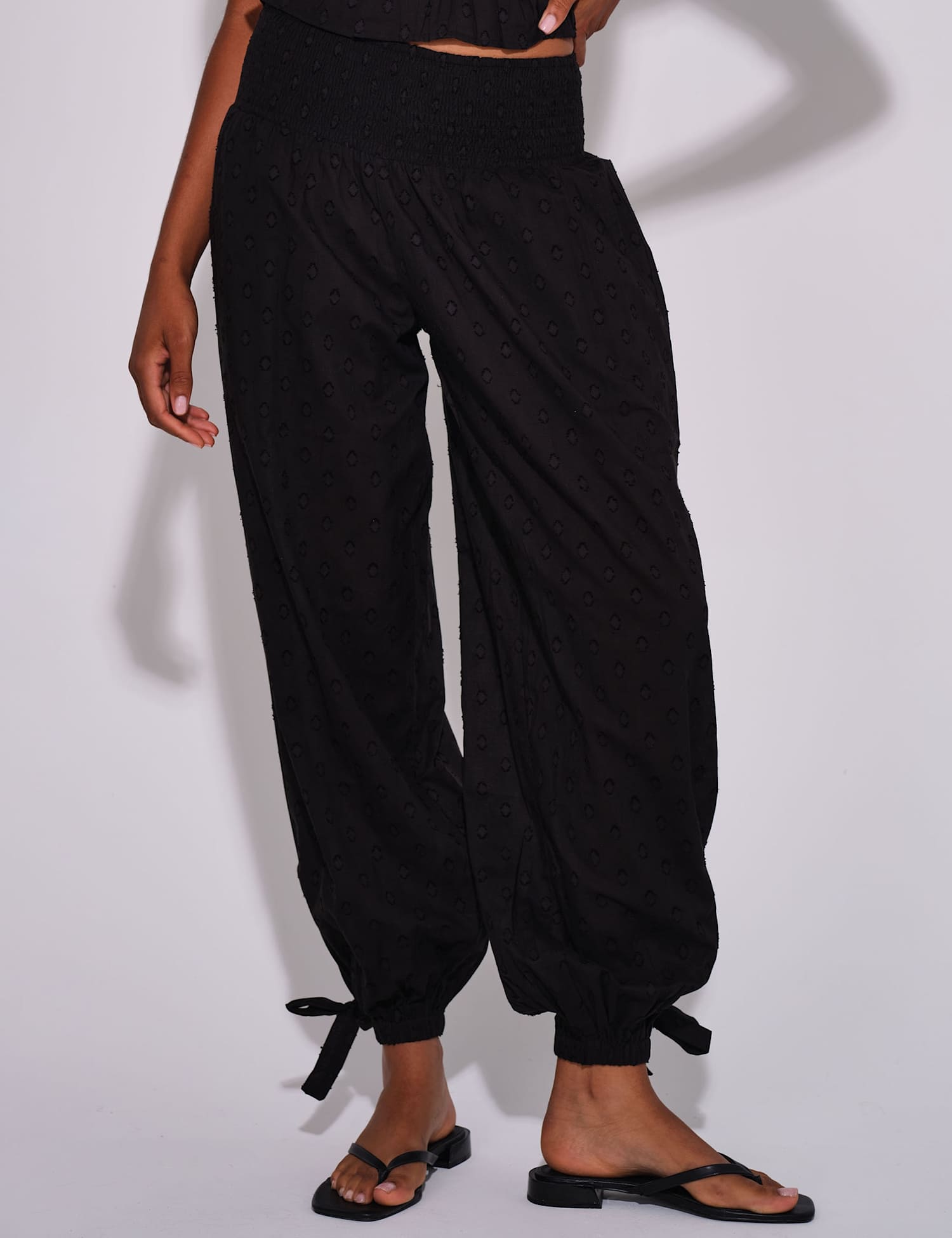 South Beach Pure Cotton Dobby Polka Dot Balloon Trousers Black