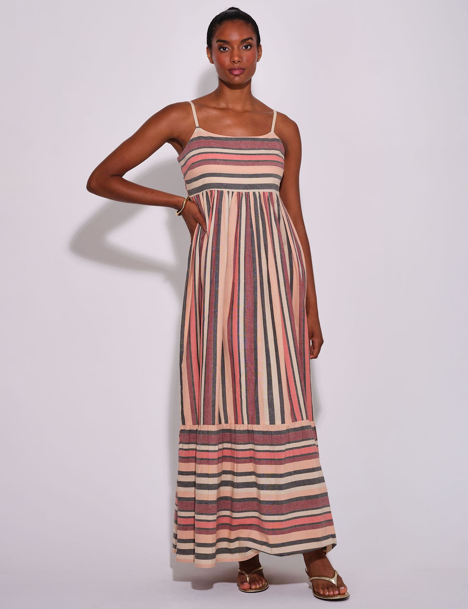 South Beach Cotton Rich Striped Tiered Maxi Beach Dress Multi
