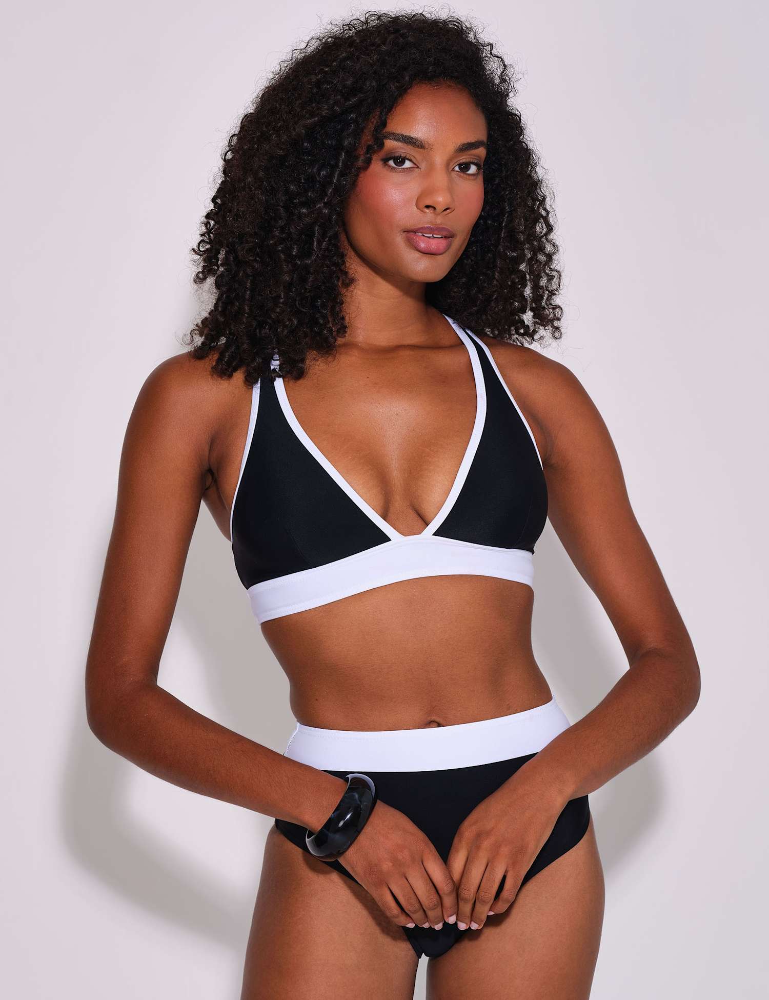 South Beach Contrast Binding Padded Plunge Bikini Top White/Black