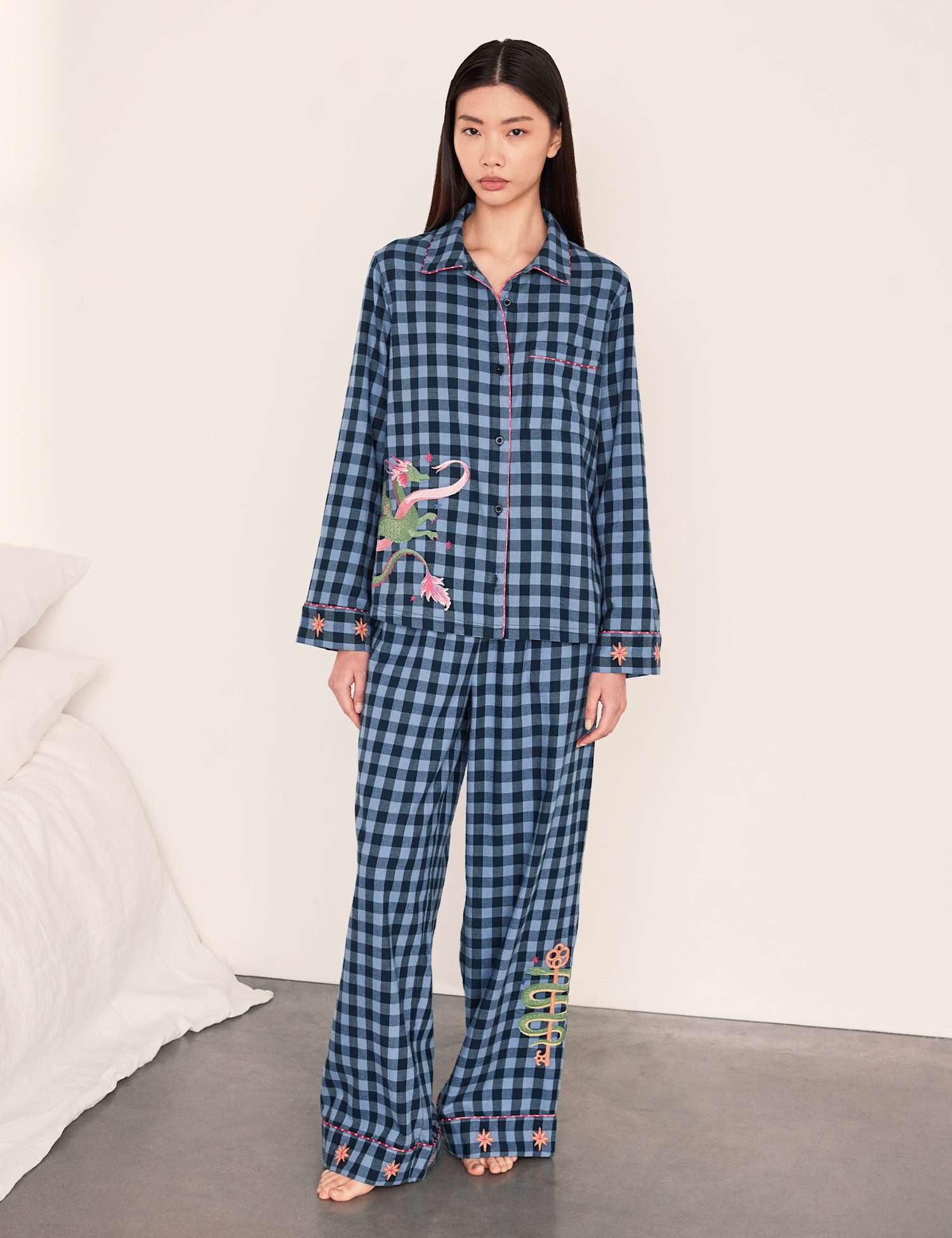 Chelsea Peers Pure Cotton Dragon Embroidery Checked Pyjama Set Navy