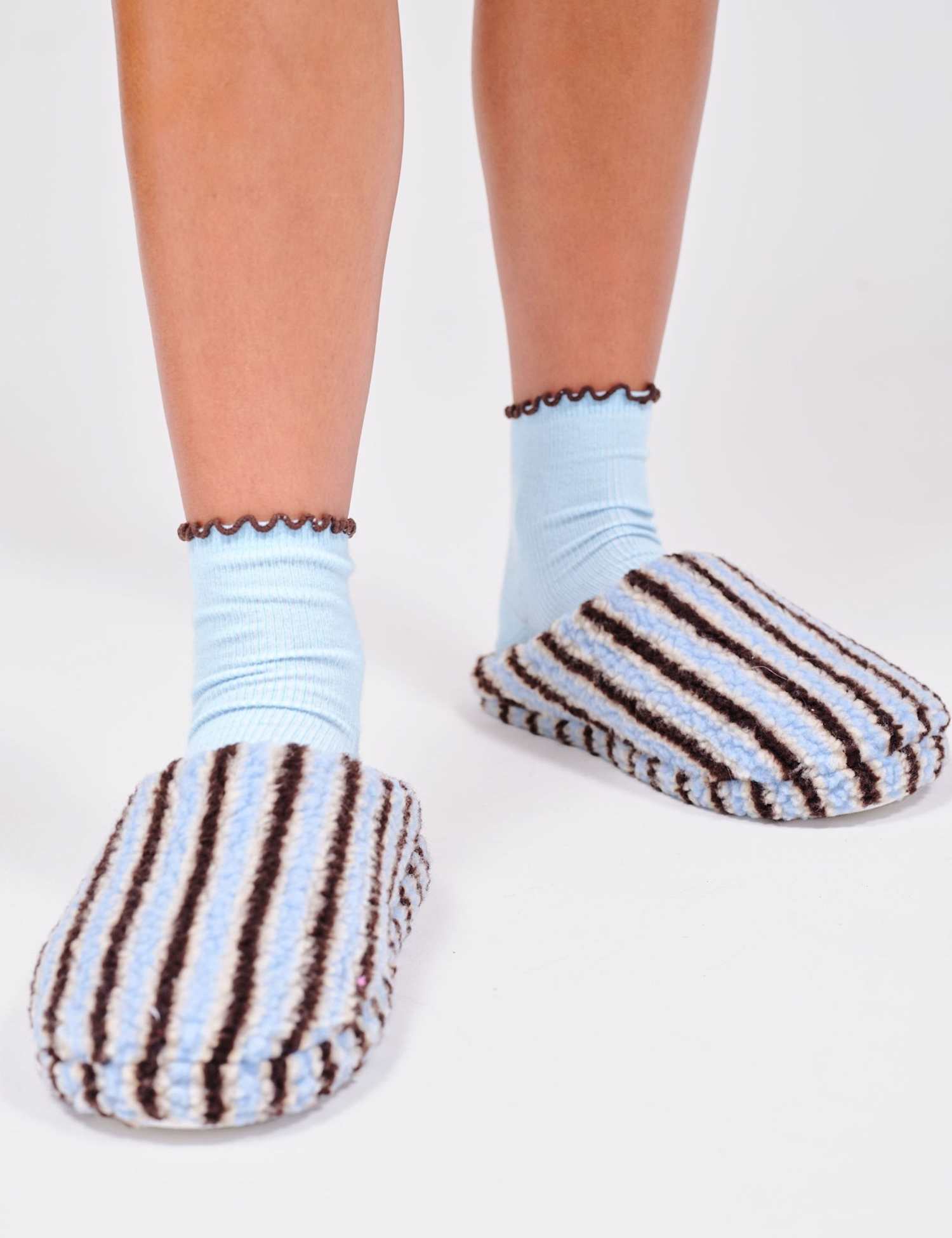 Loungeable Striped Borg Slippers Blue Mix