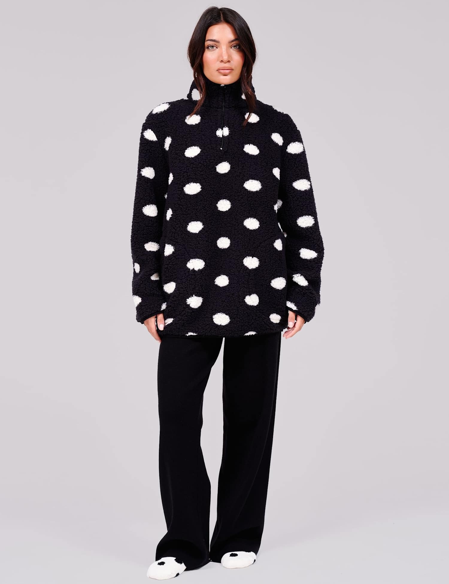 Loungeable Polka Dot Fleece Quarter Zip Sweatshirt Black Mix