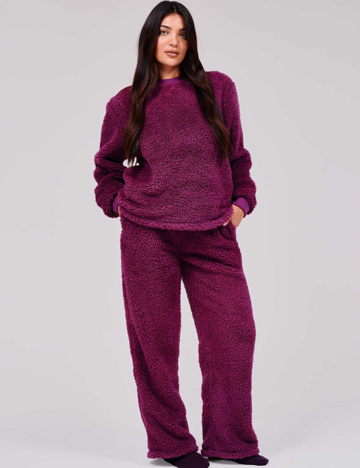 Loungeable Fleece Wide Leg Lounge Set Purple