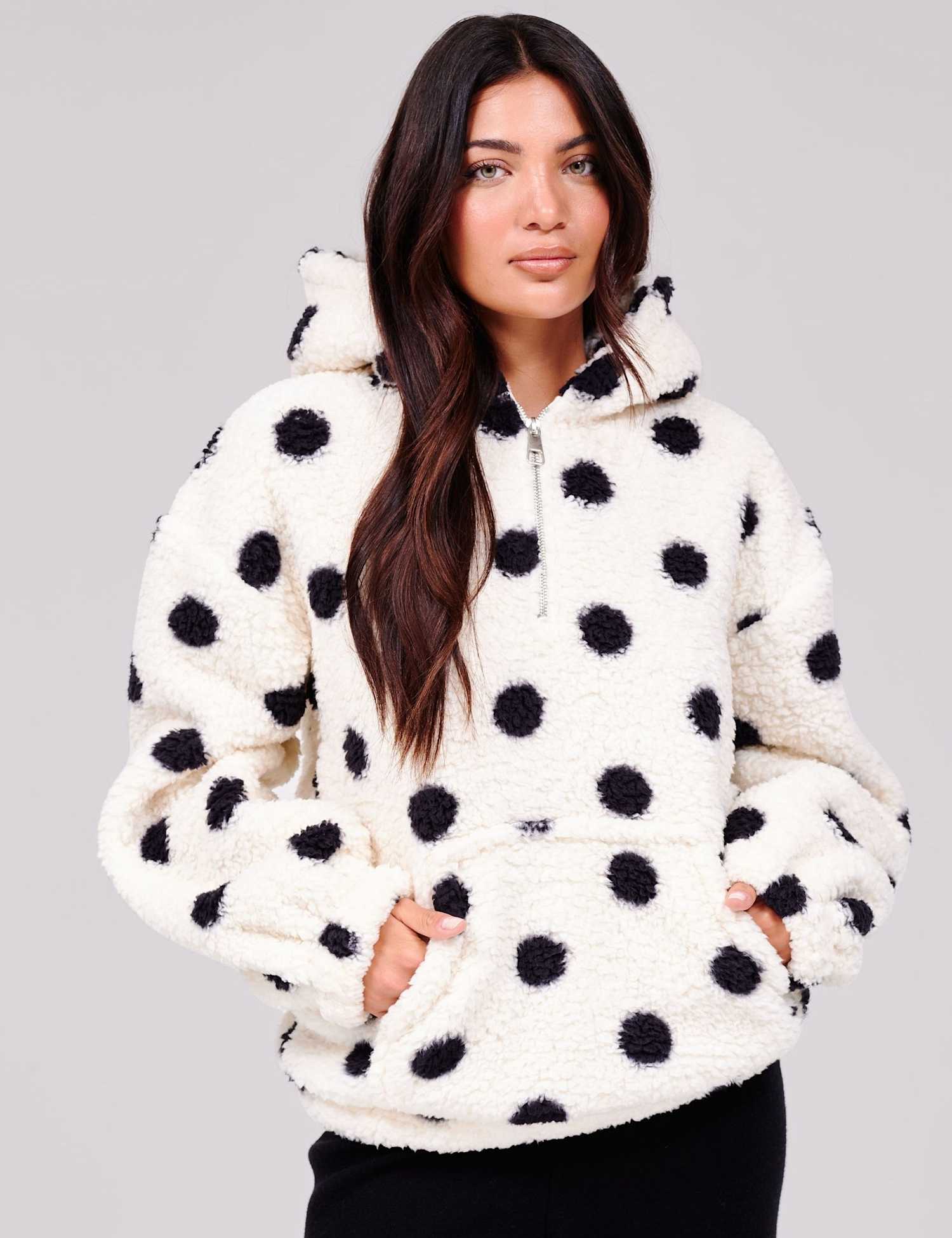 Loungeable Cosy Borg Polka Dot Quarter Zip Hoodie Cream