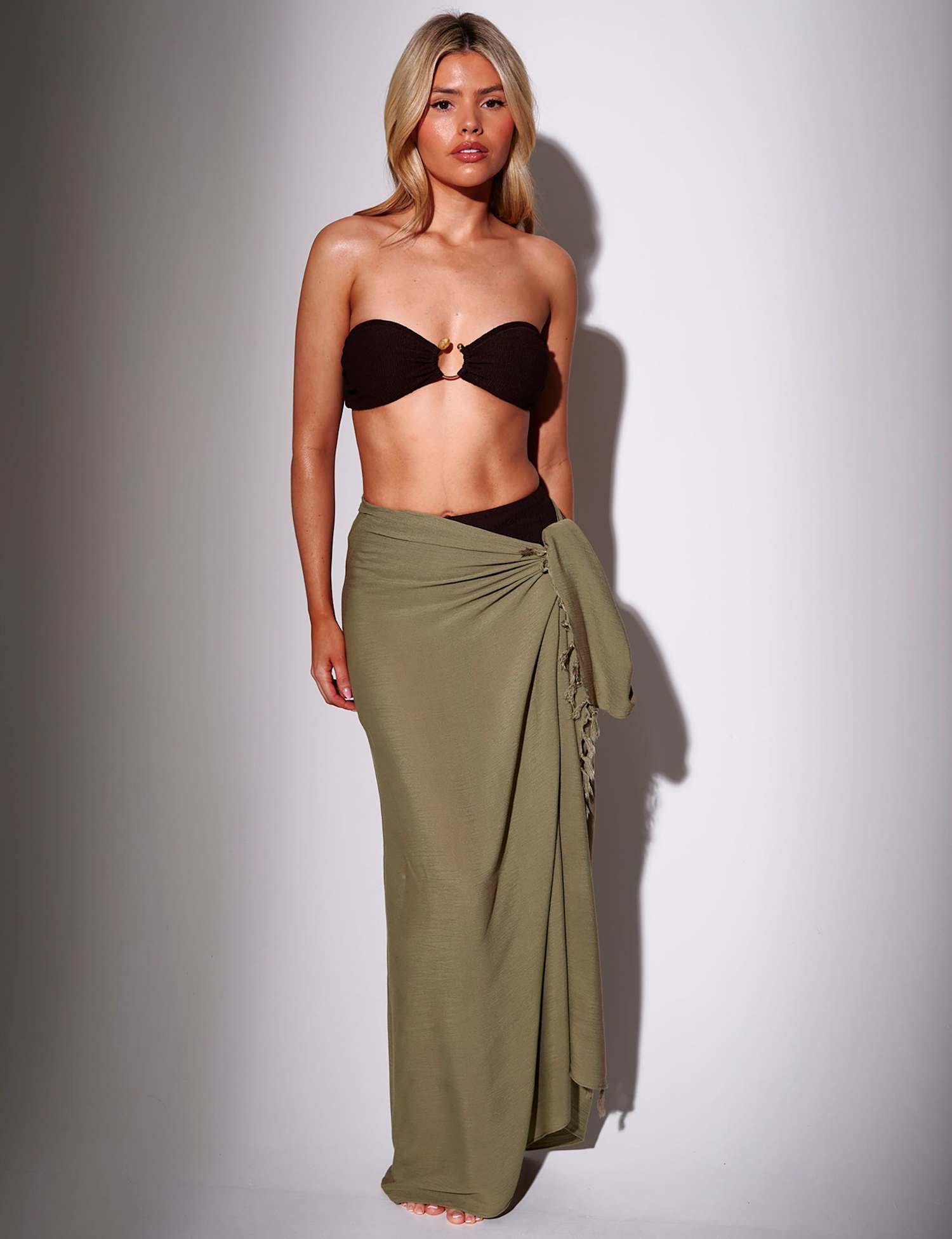 South Beach Fringed Midi Beach Cover Up Sarong Khaki