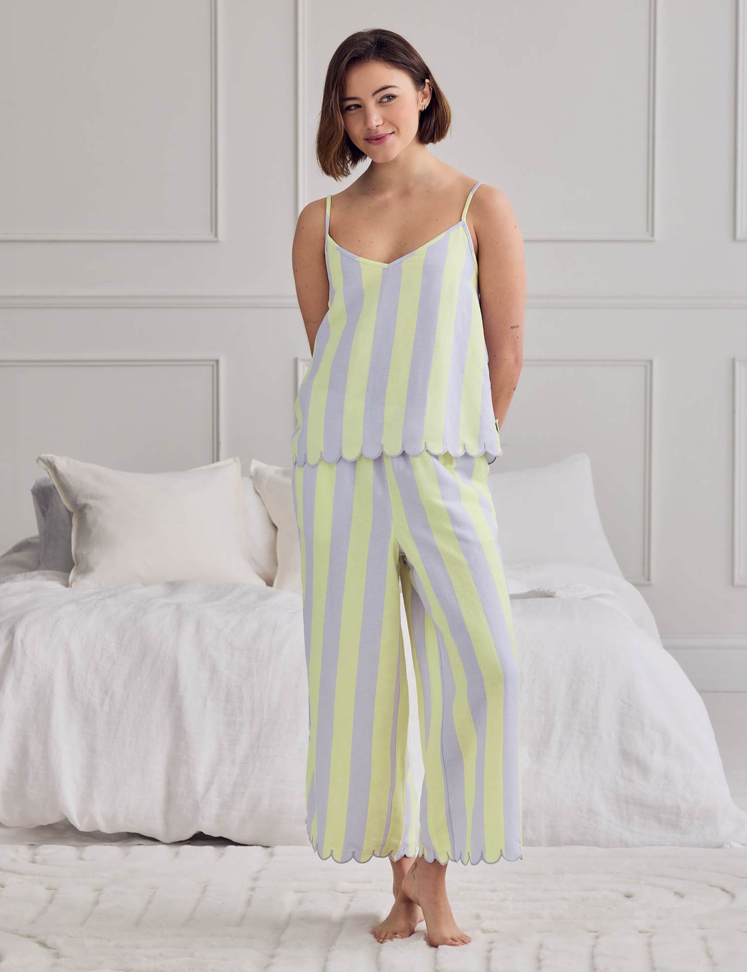 Chelsea Peers Linen Rich Striped Cropped Pyjama Set Lilac