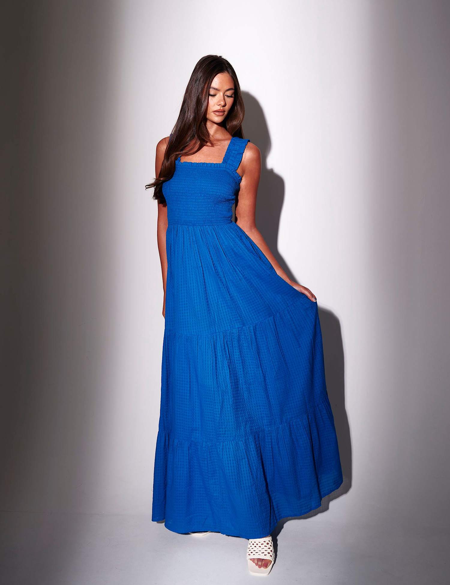 South Beach Pure Cotton Square Neck Tiered Maxi Dress Blue