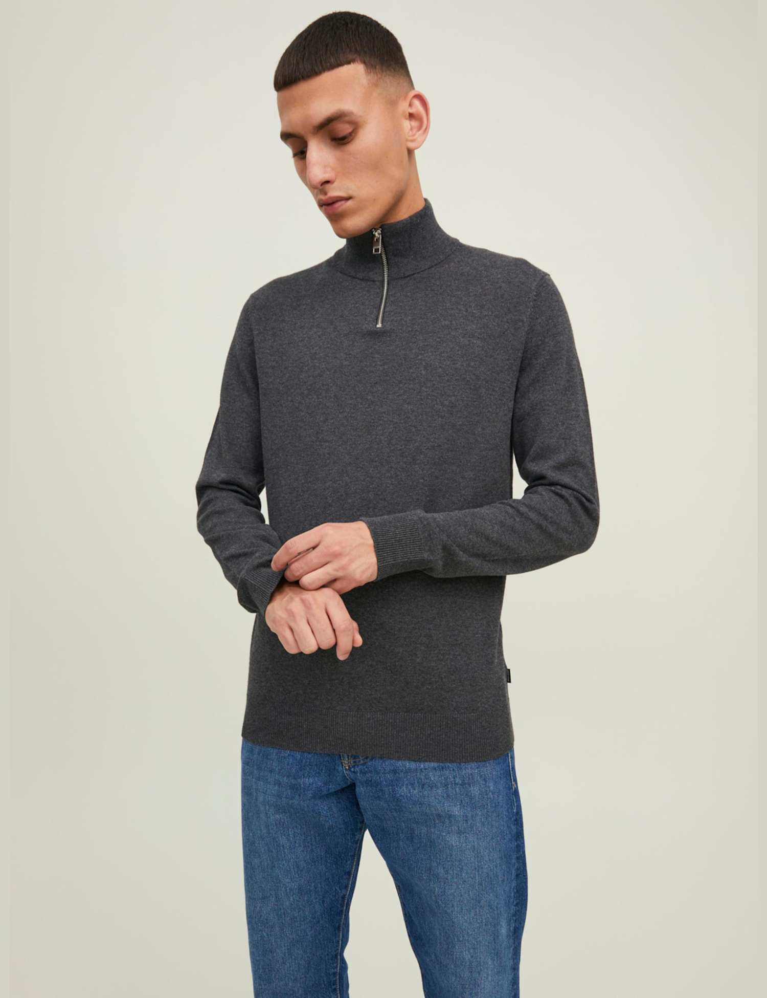 JACK & JONES Cotton Rich Half Zip Jumper Dark Grey