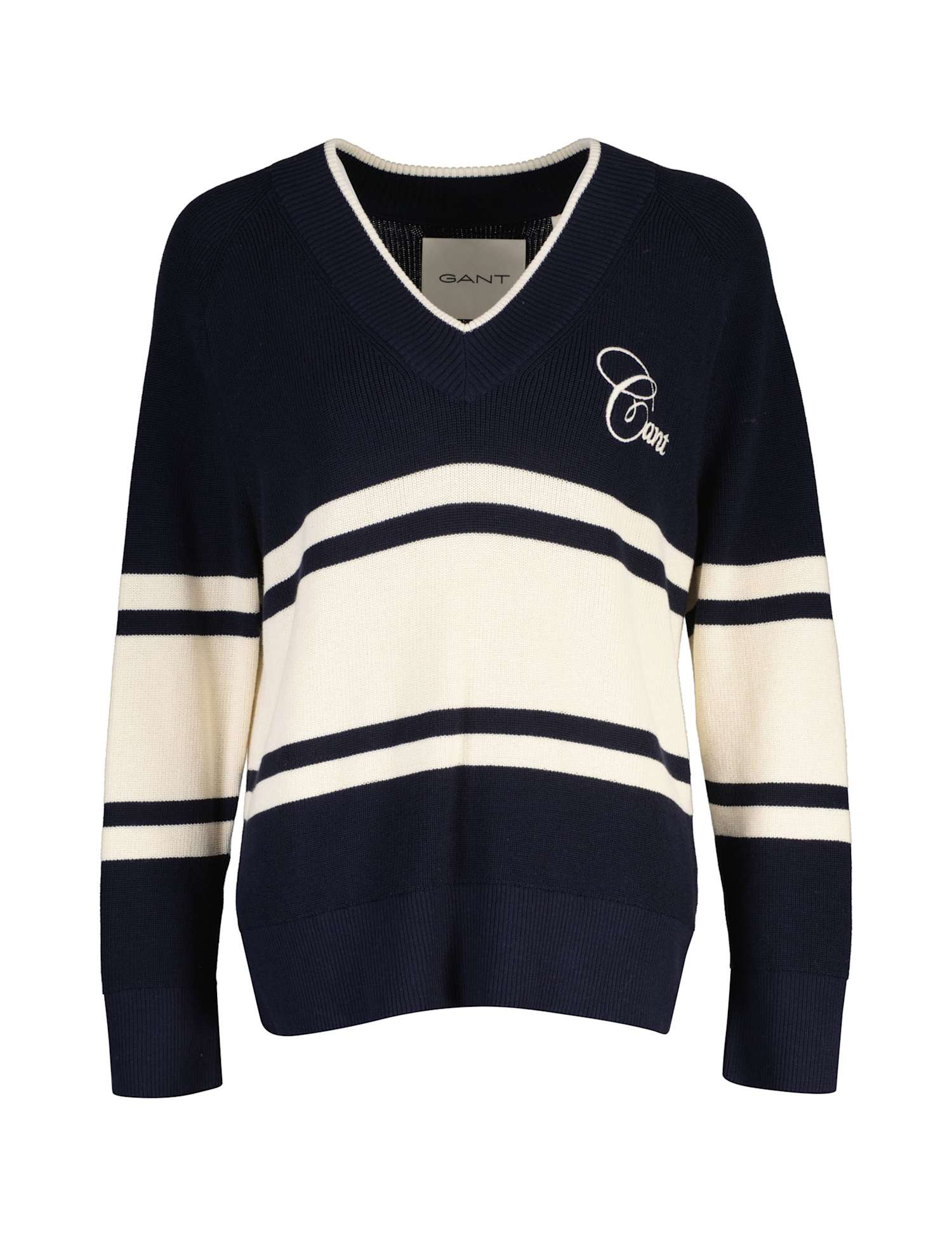 GANT Pure Cotton Striped V-Neck Jumper Navy