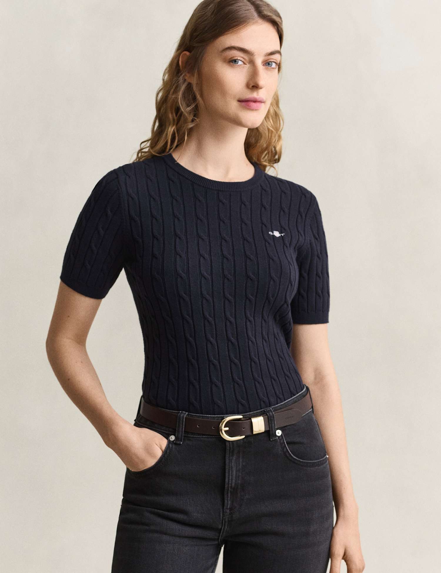 GANT Cotton Rich Cable Crew Neck Knitted T-Shirt Navy