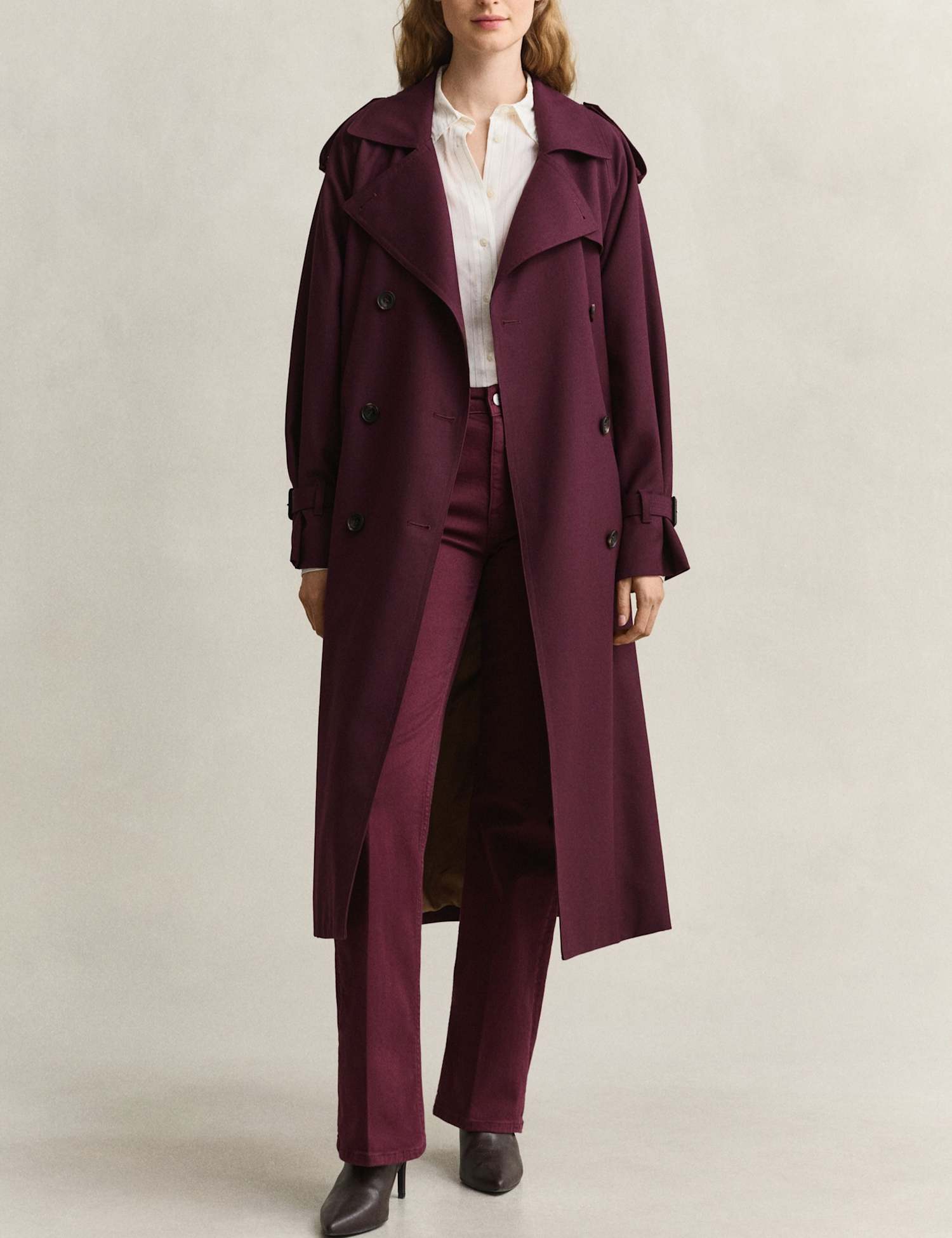 GANT Wool Blend Belted Trench Coat Burgundy