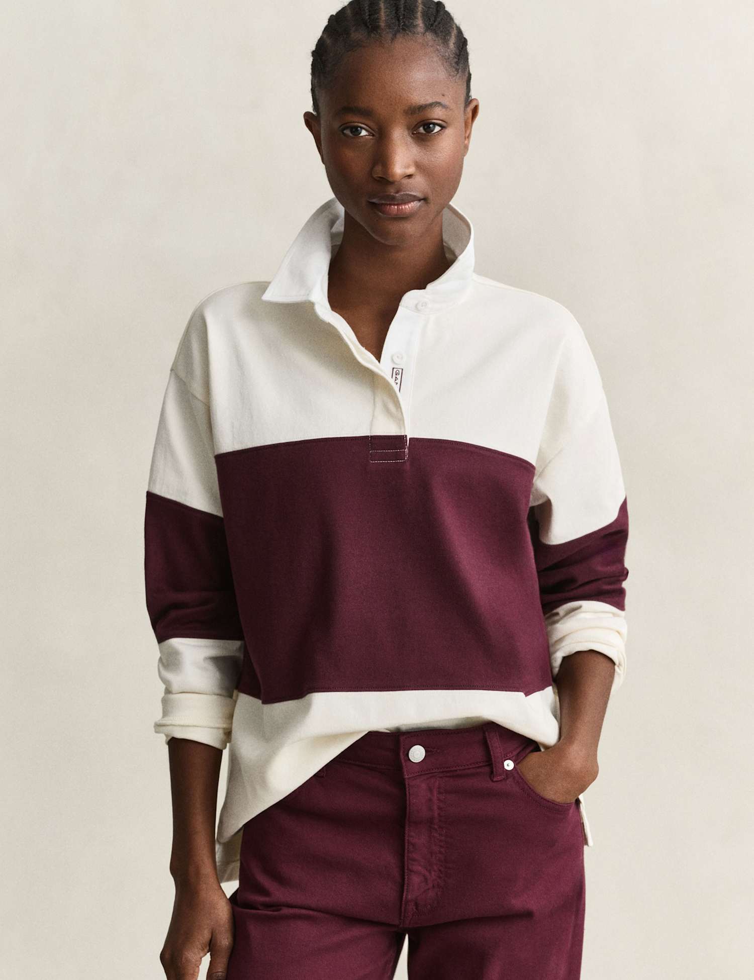 GANT Pure Cotton Striped Rugby Shirt Burgundy