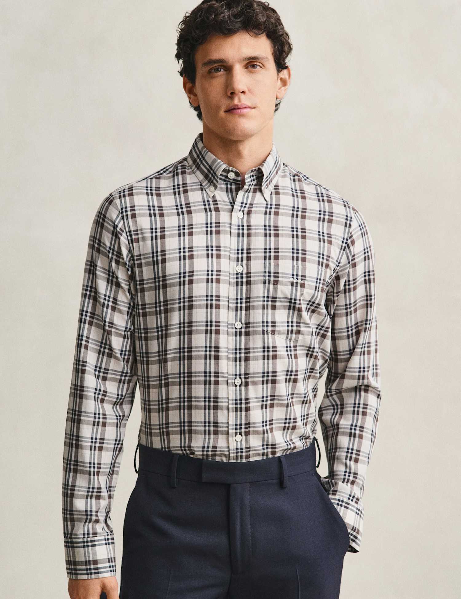 GANT Cotton Blend Twill Check Shirt Sand