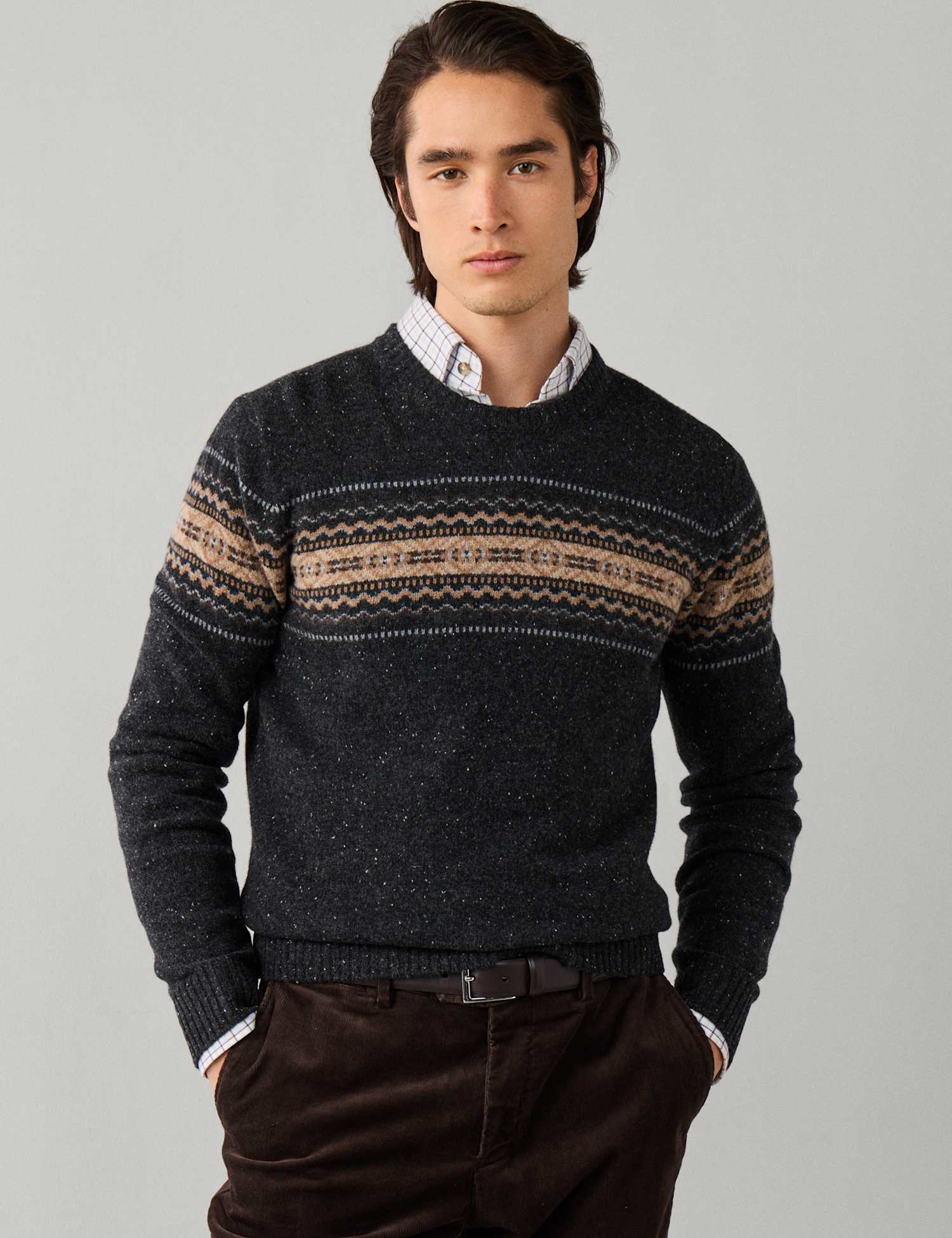 Hackett Pure Merino Wool Fair Isle Crew Neck Jumper Grey Mix