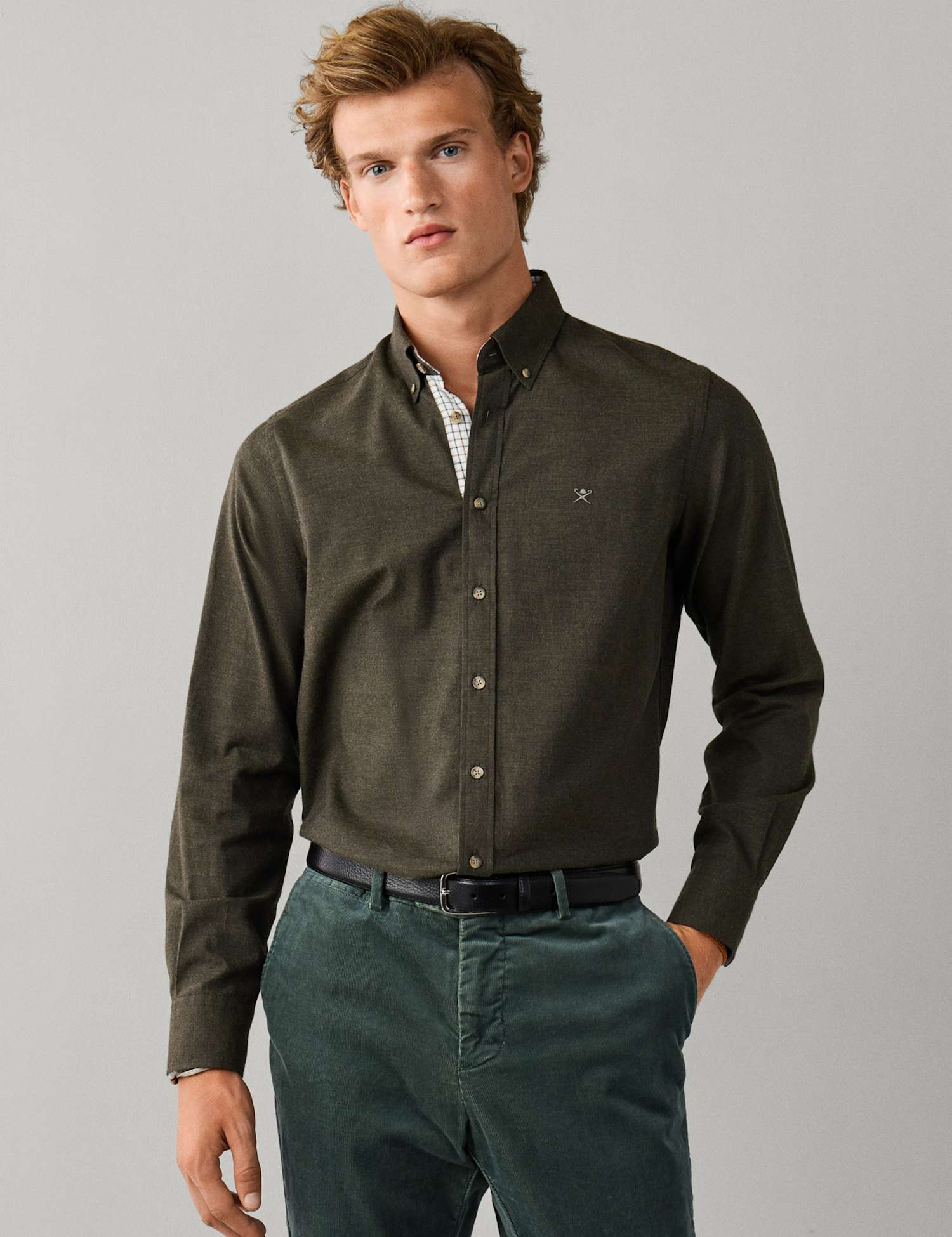 Hackett Tailored Fit Pure Cotton Flannel Shirt Khaki