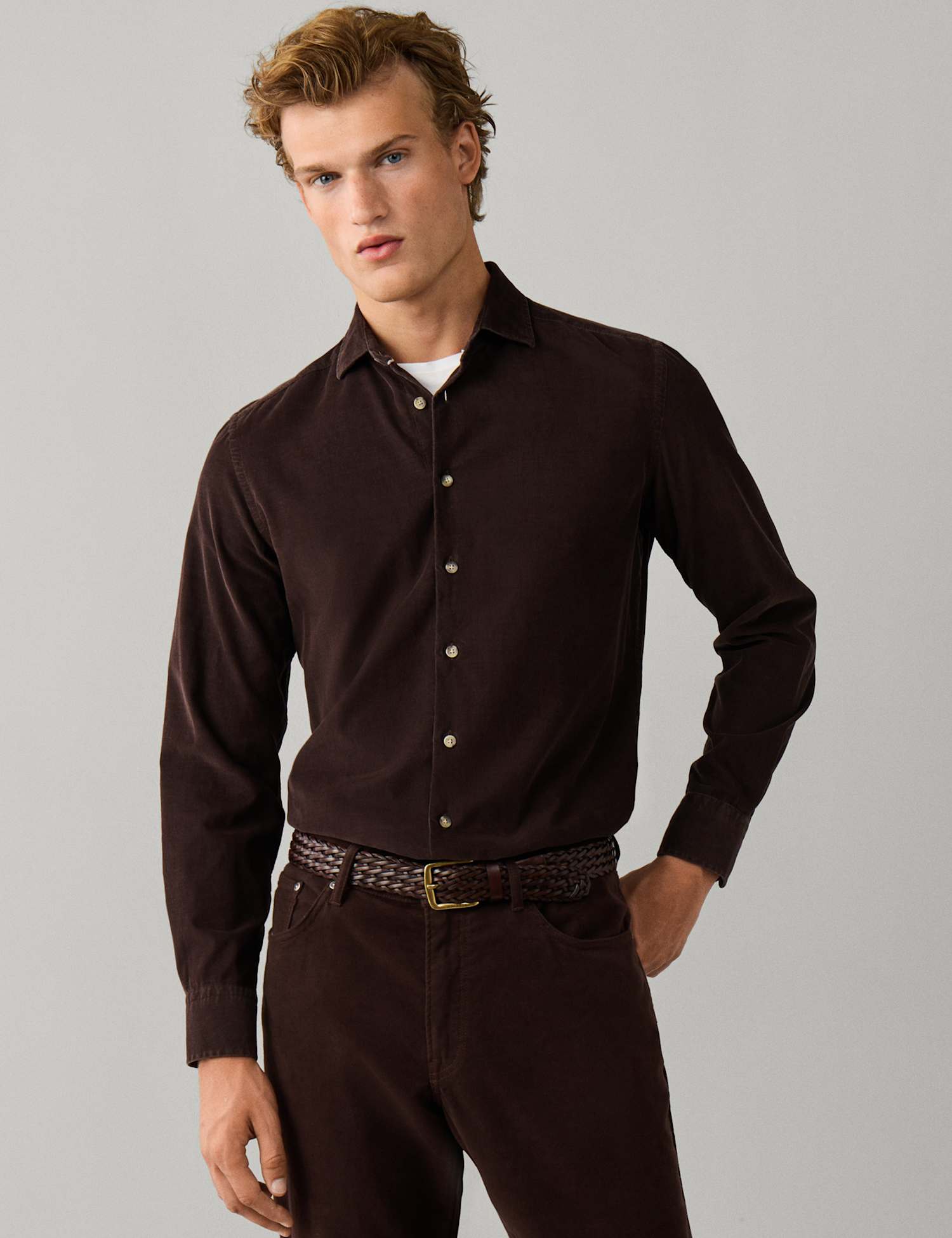 Hackett Tailored Fit Pure Cotton Babycord Shirt Dark Brown