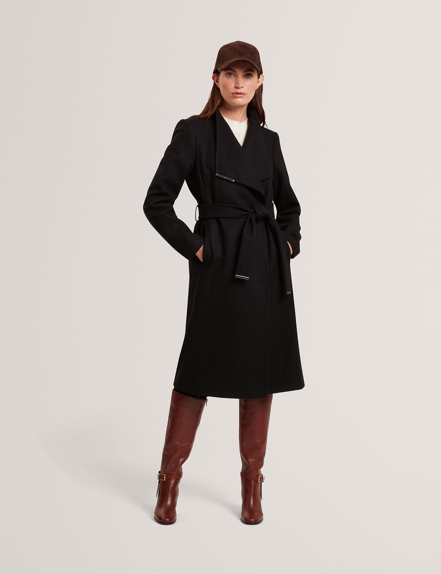 Ted Baker Wool Rich Belted Wrap Coat with Cashmere Black