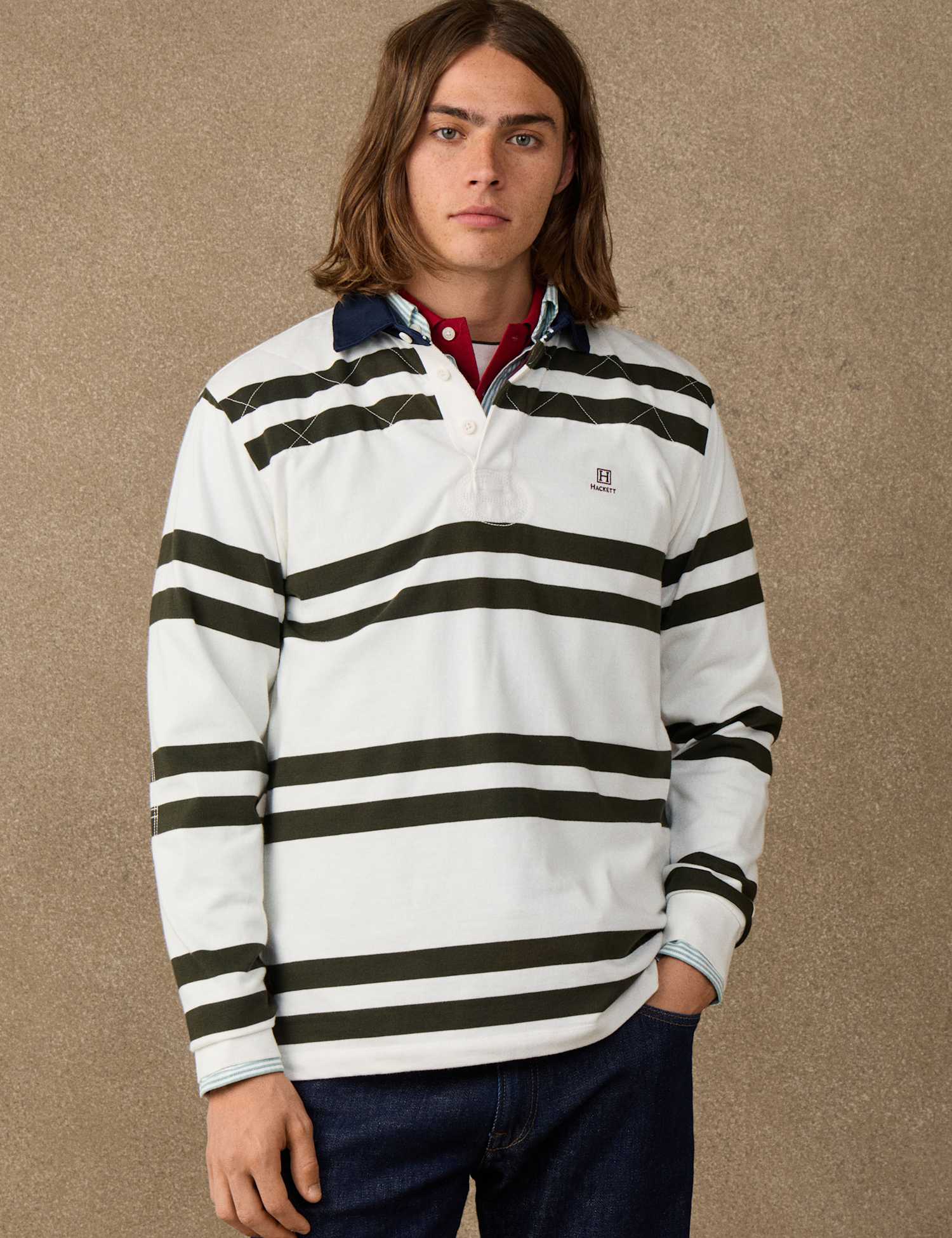 Hackett Pure Cotton Quilted Striped Rugby Shirt White/Black