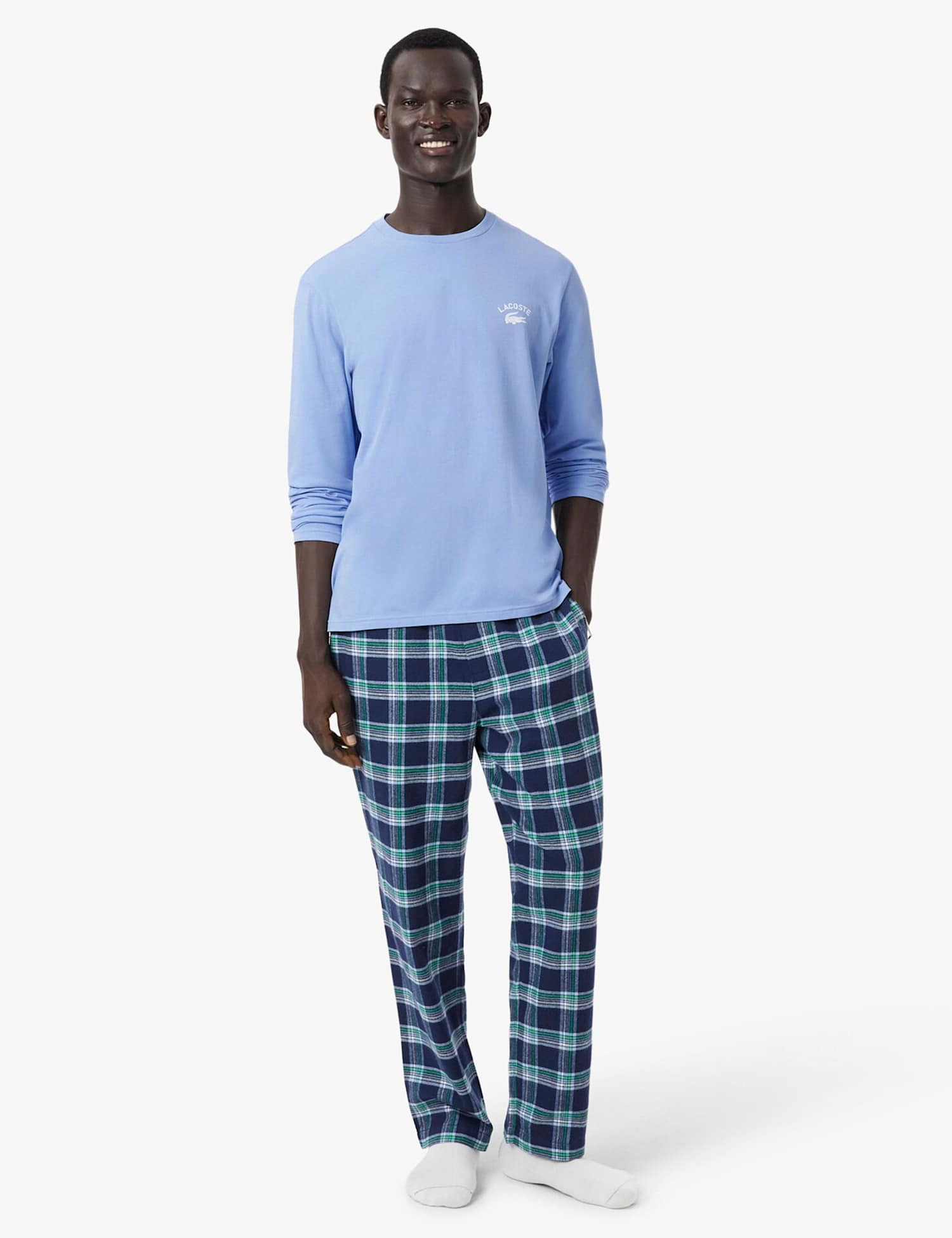 Lacoste Flannel Jersey Plaid Checked Pyjama Set Blue Mix