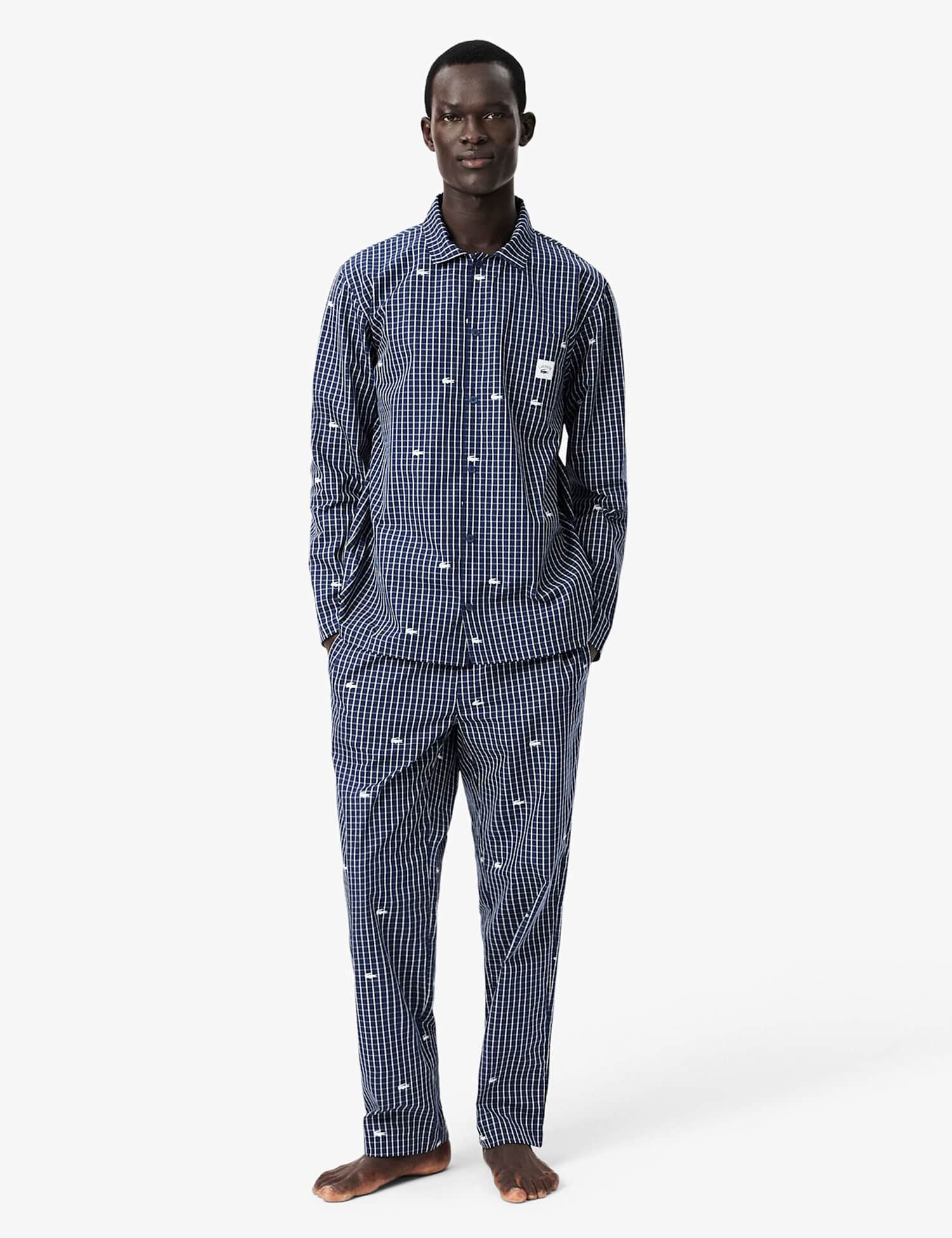 Lacoste Pure Cotton Poplin Mini Check Pyjama Set Navy