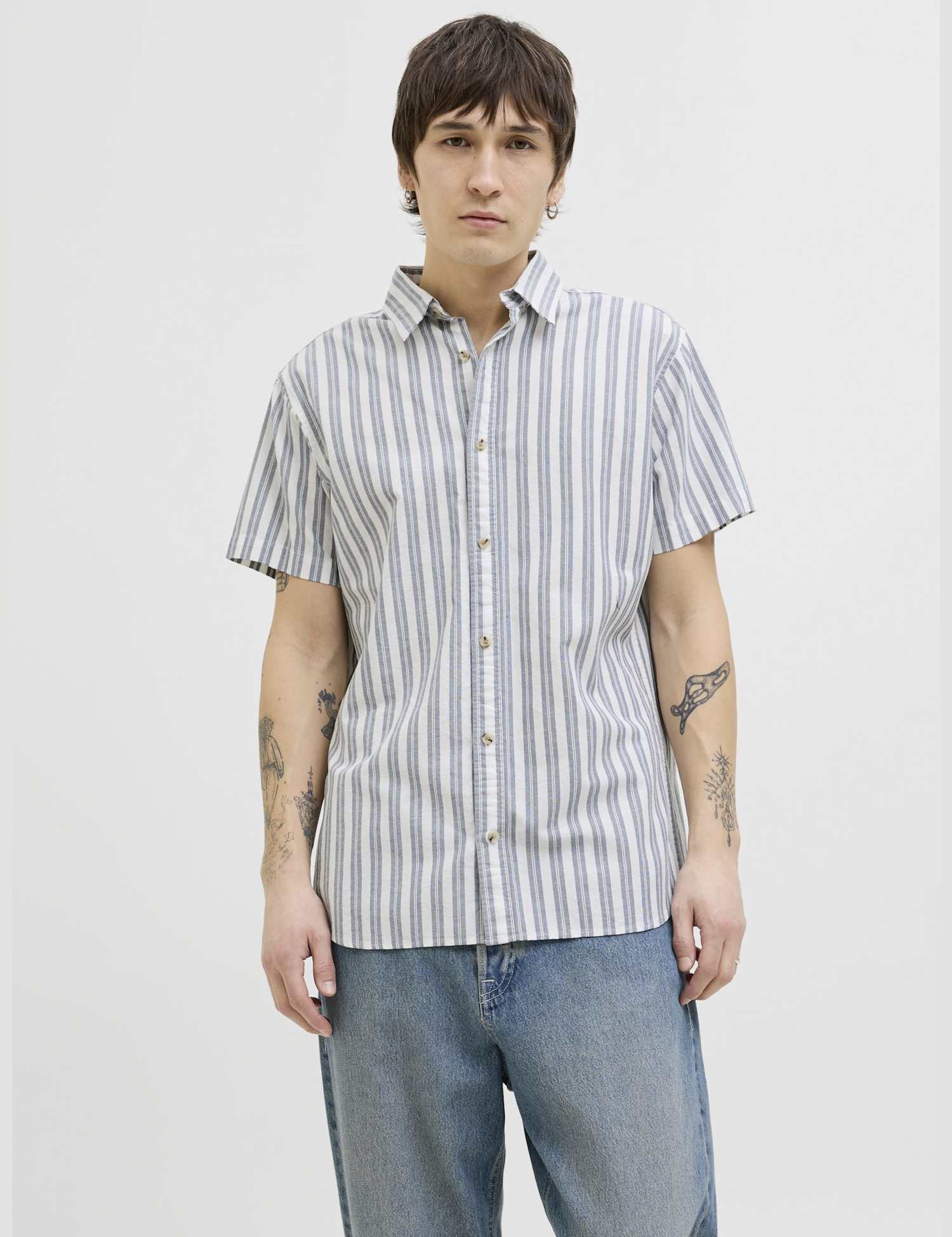 JACK & JONES Pure Cotton Striped Oxford Shirt Light Blue