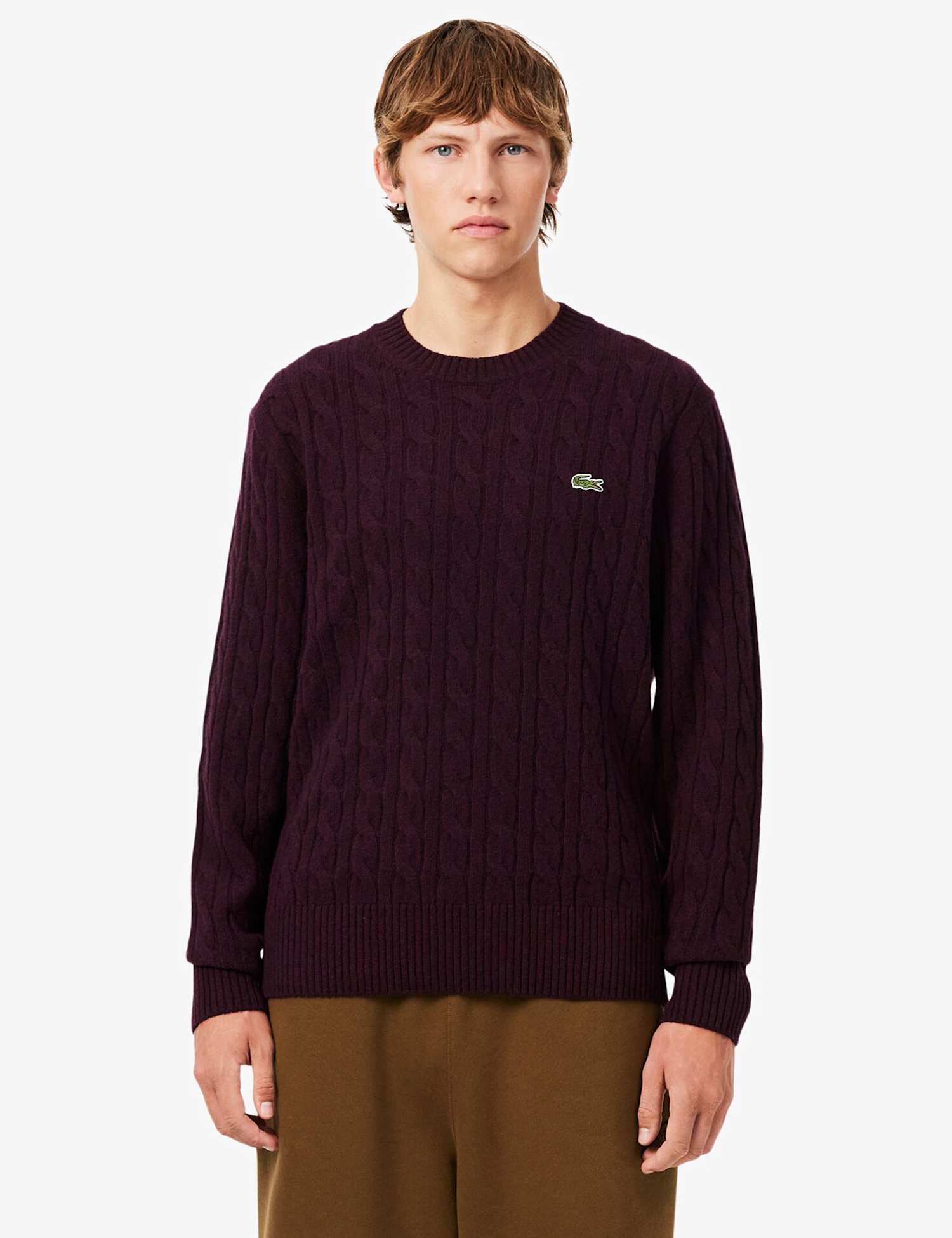 Lacoste Pure Wool Cable Knit Crew Neck Jumper Dark Red