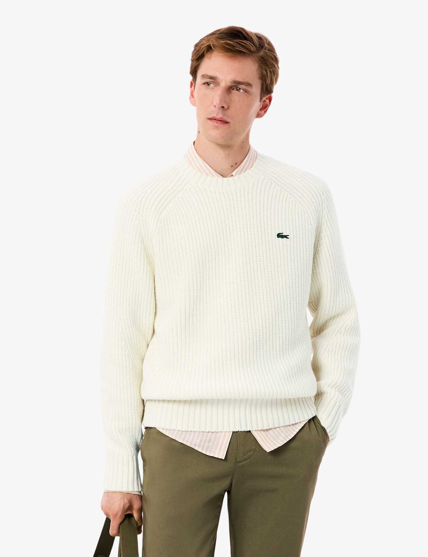 Lacoste Pure Wool Ribbed Crew Neck Jumper White