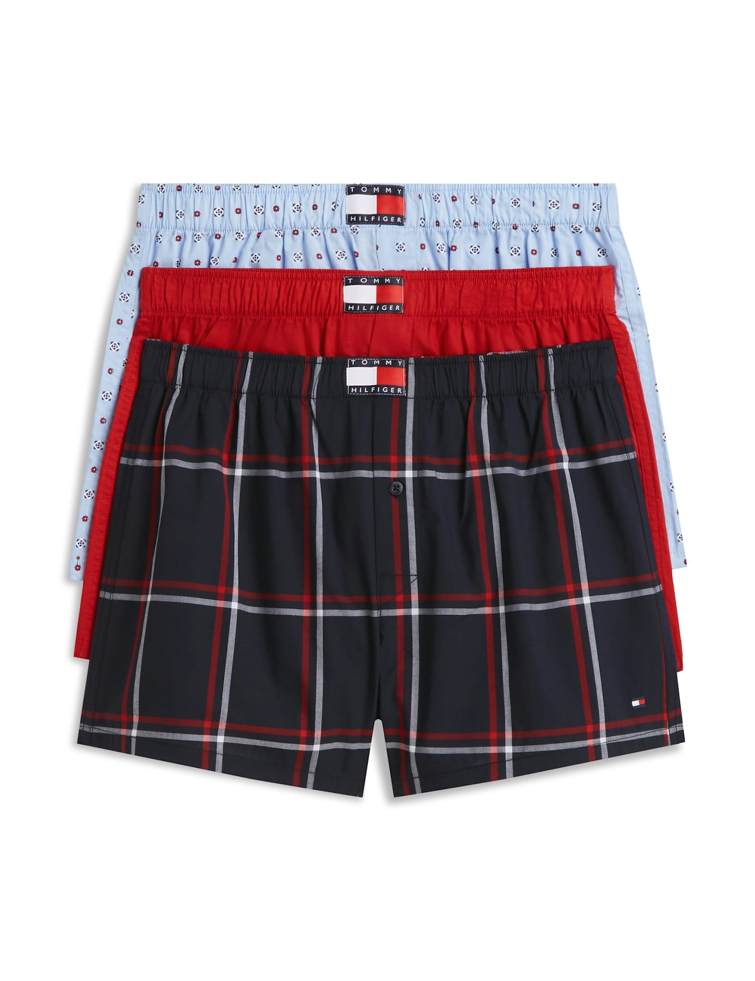 Tommy Hilfiger 3 Pack Pure Cotton Woven Boxers Red Mix