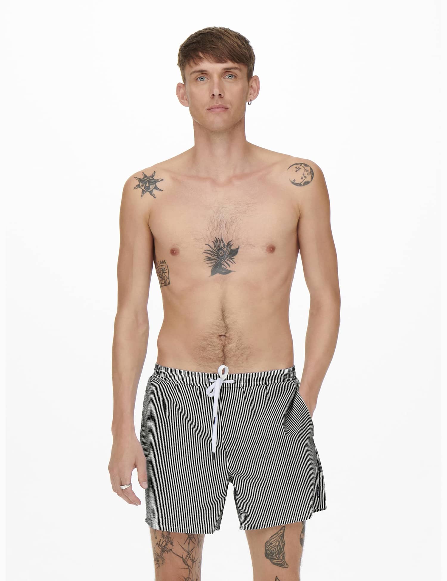 ONLY & SONS Cotton Blend Seersucker Striped Swim Shorts Dark Green Mix