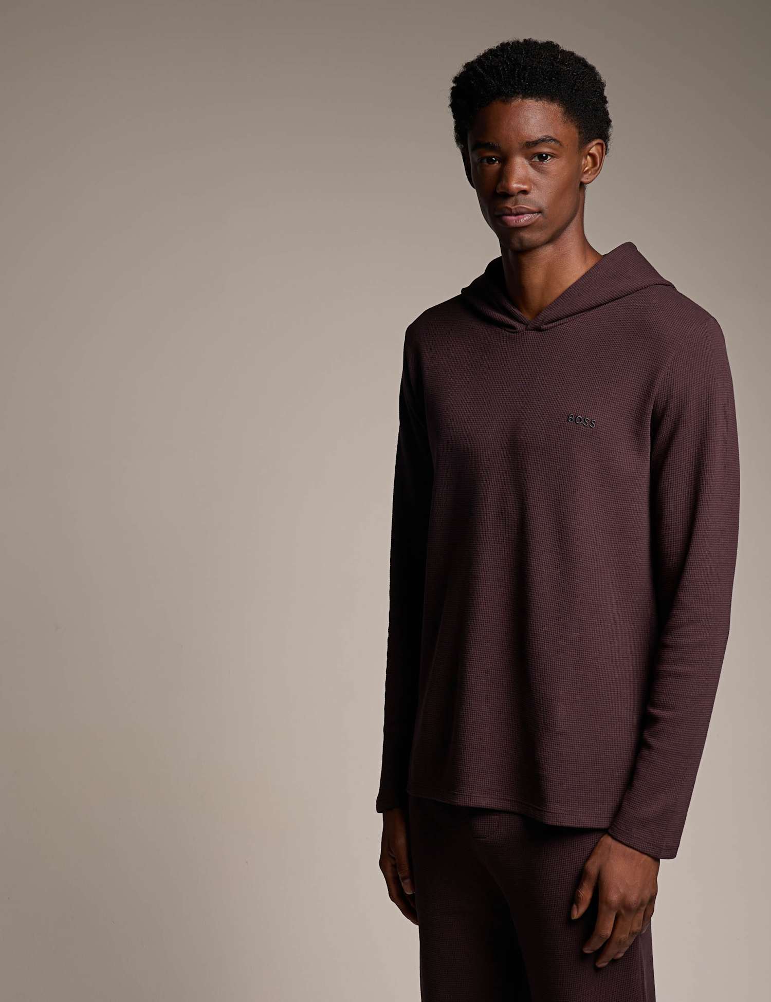 Boss Cotton Rich Waffle Hoodie Dark Brown