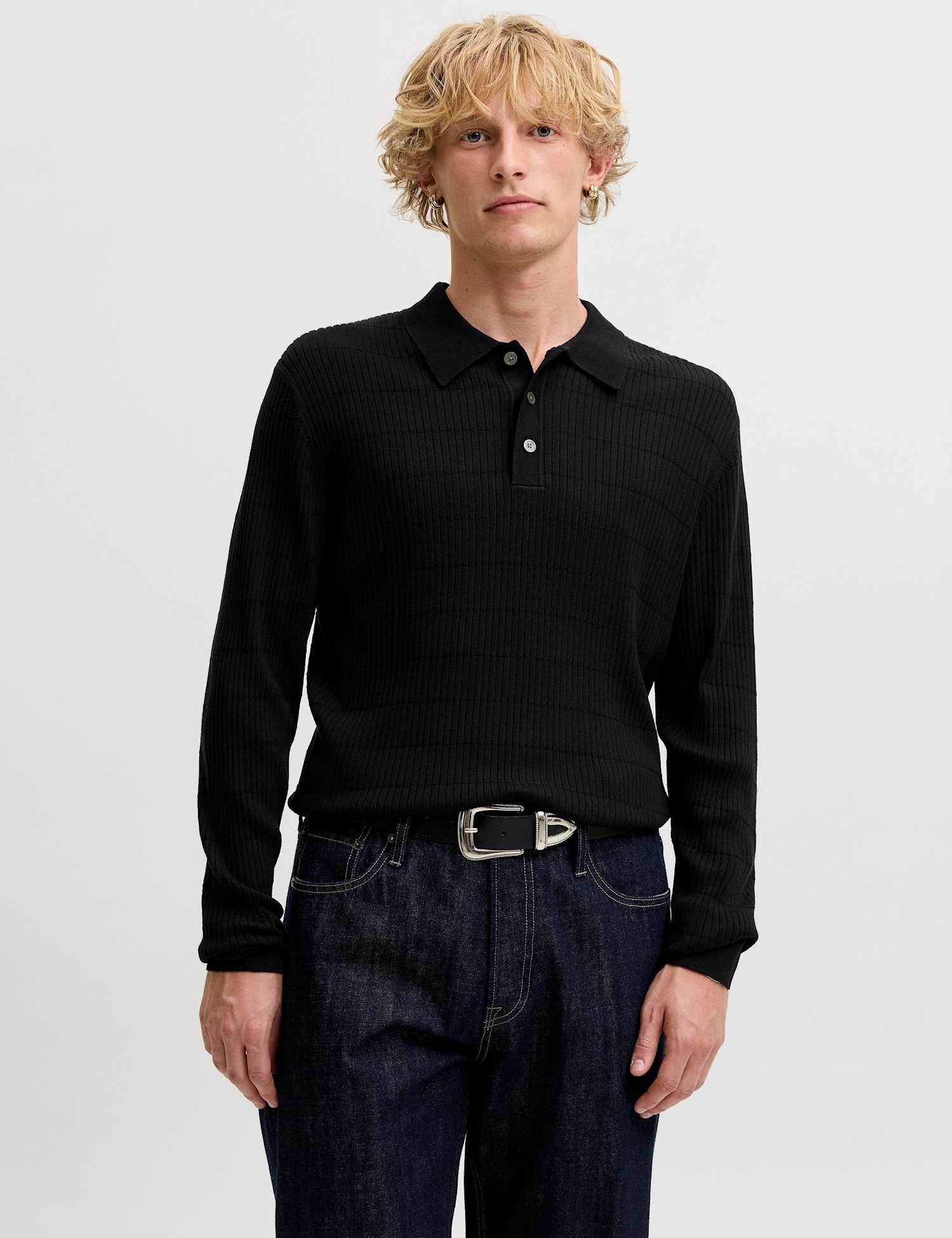 JACK & JONES Textured Long Sleeve Polo Shirt Black