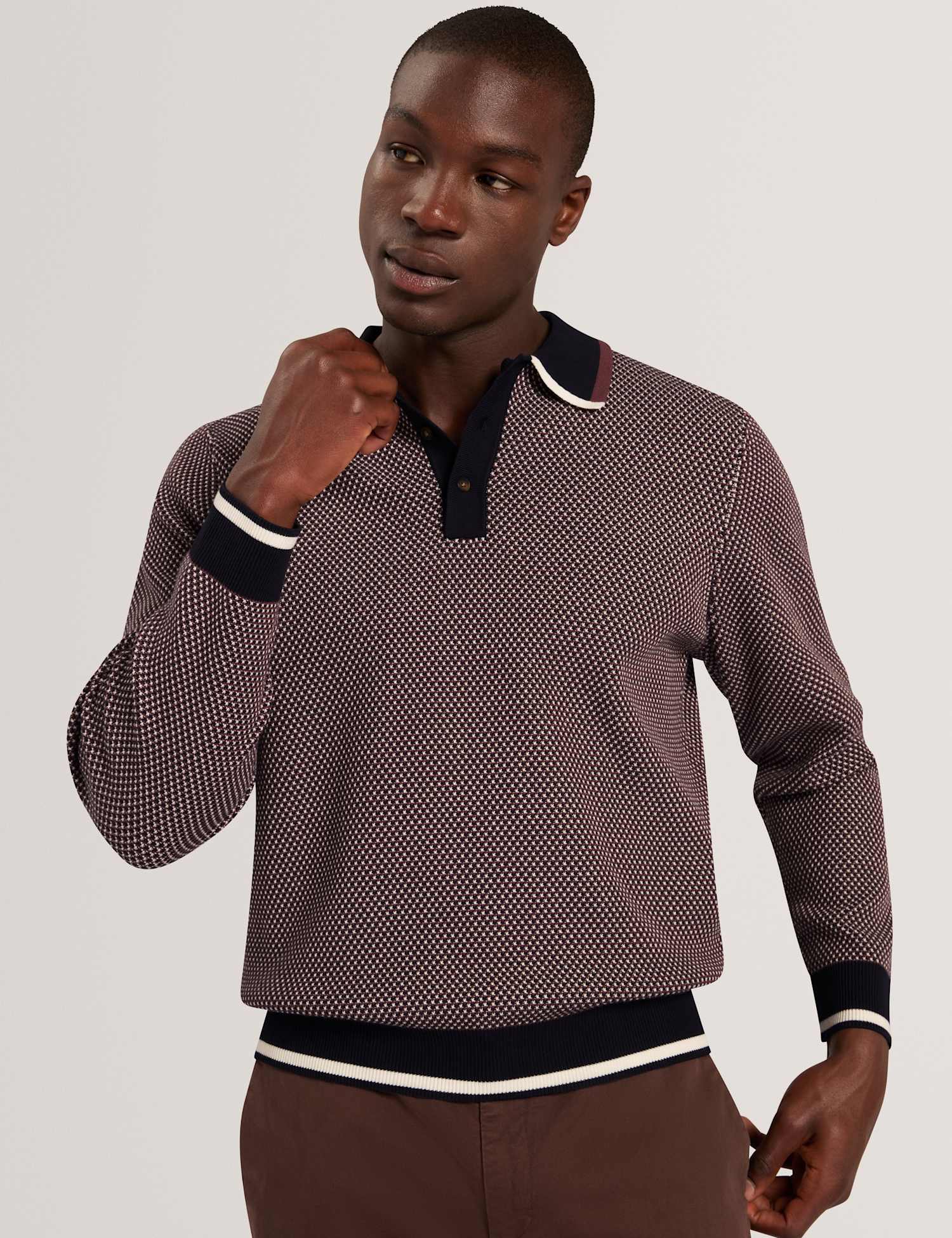 Ted Baker Patterned Waffle Stitch Knitted Polo Shirt Burgundy