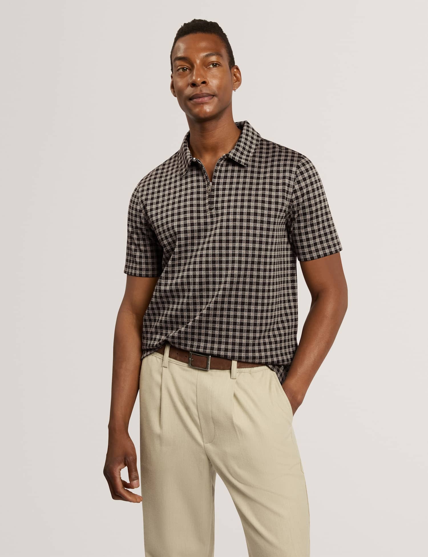 Ted Baker Checked Half Zip Polo Shirt Dark Brown