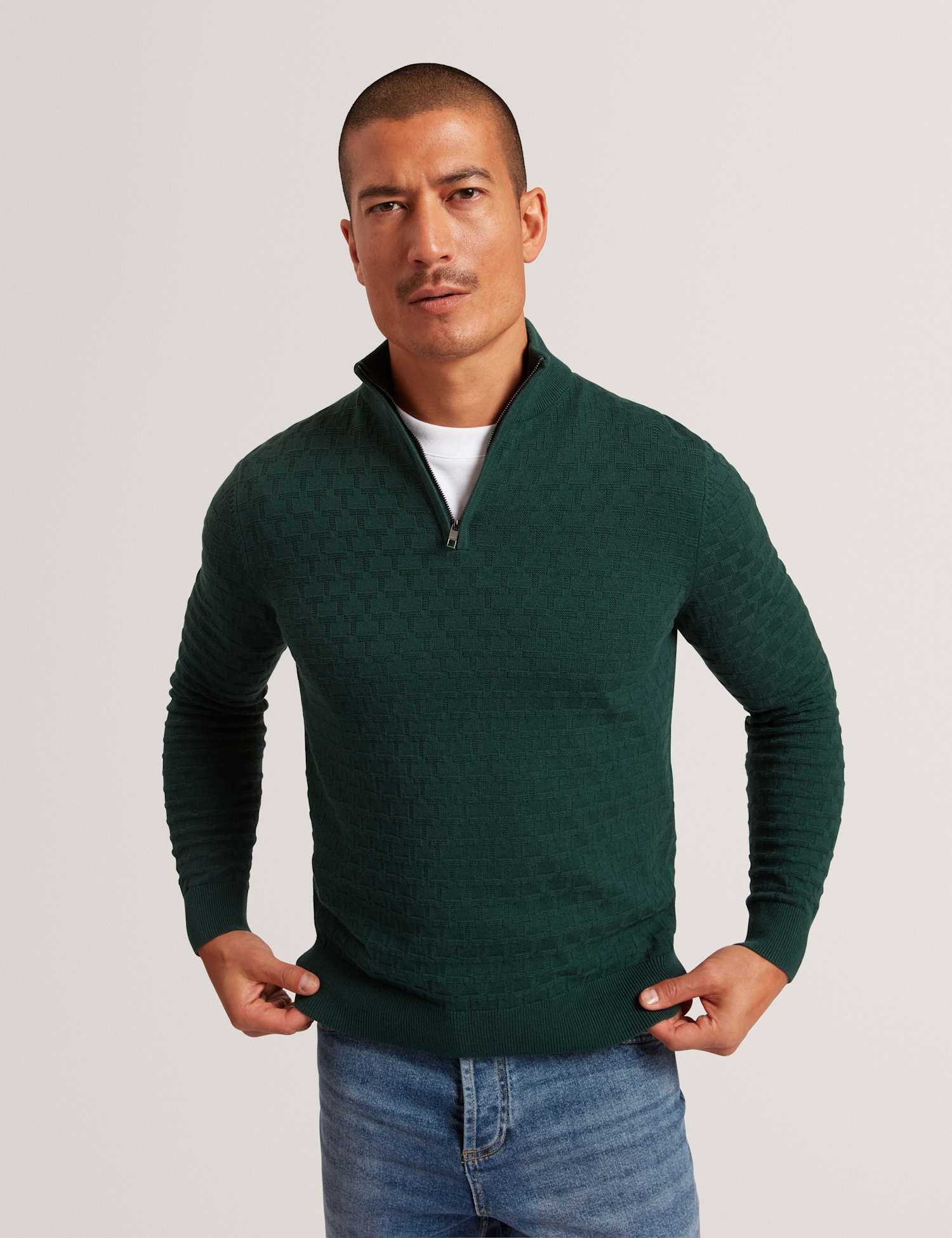 Ted Baker Wool Blend Textured Half Zip Jumper Green