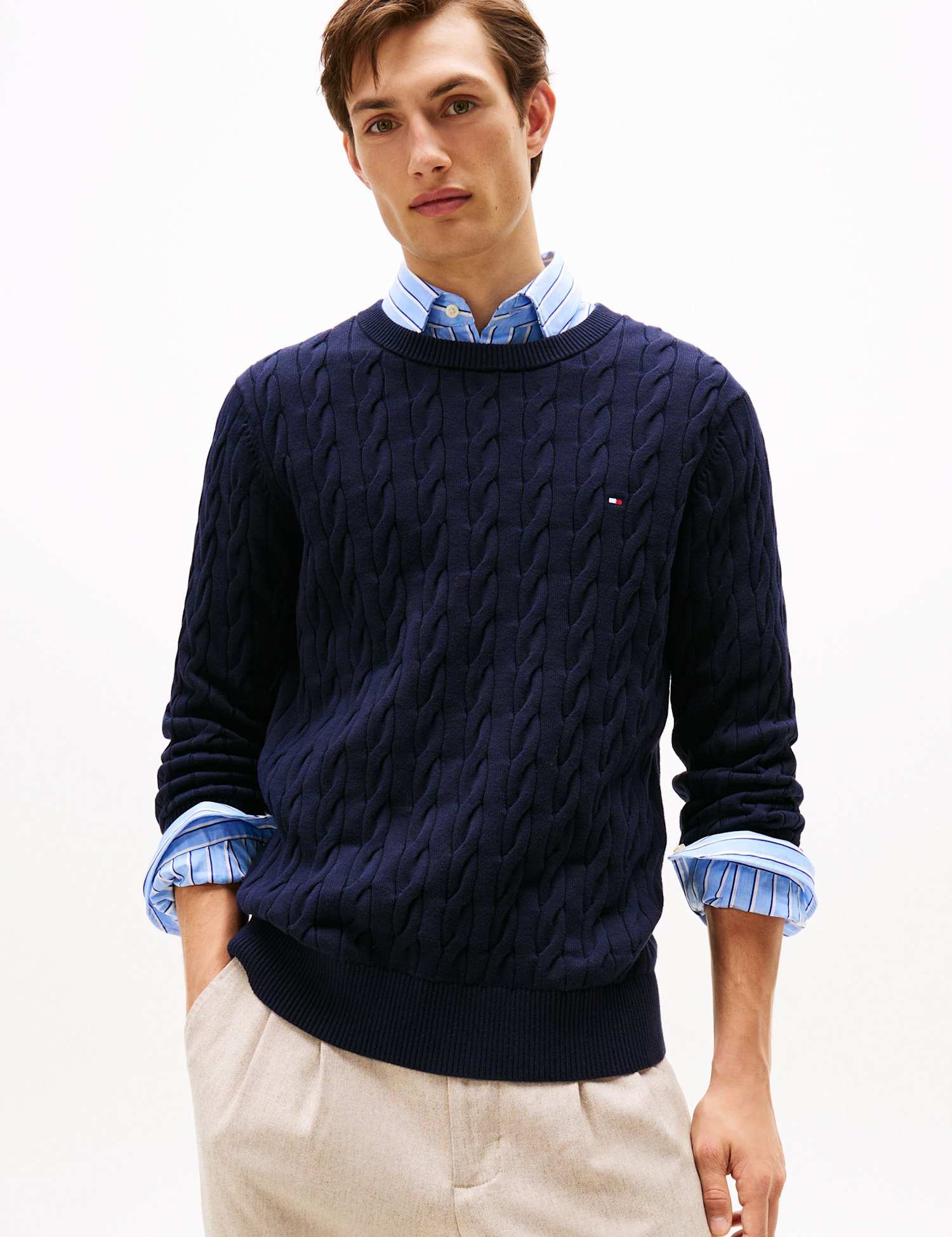 Tommy Hilfiger Pure Cotton Cable Knit Crew Neck Jumper Navy