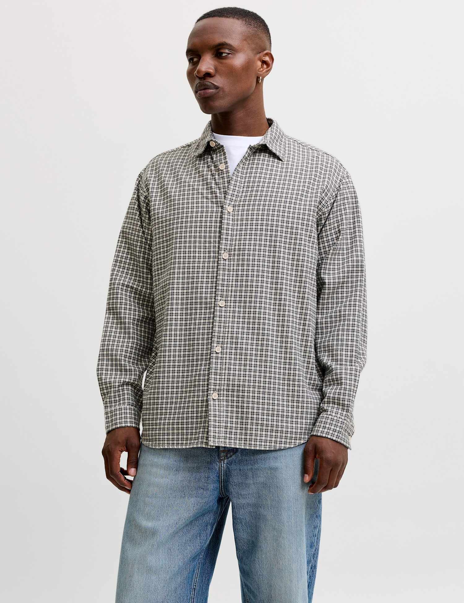 JACK & JONES Relaxed Fit Pure Cotton Checked Overshirt Beige Mix