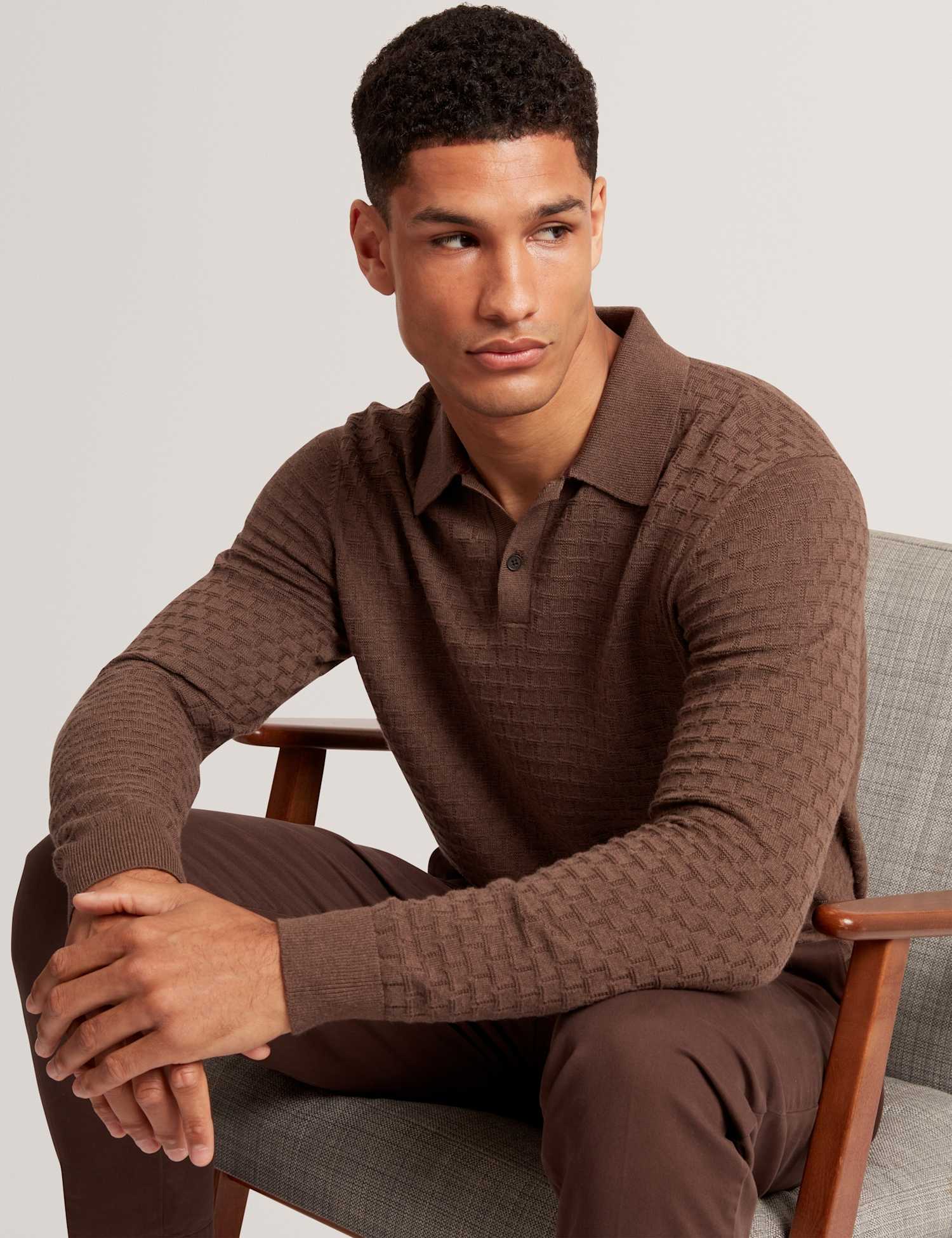 Ted Baker Cotton Rich Long Sleeve Polo Shirt Brown