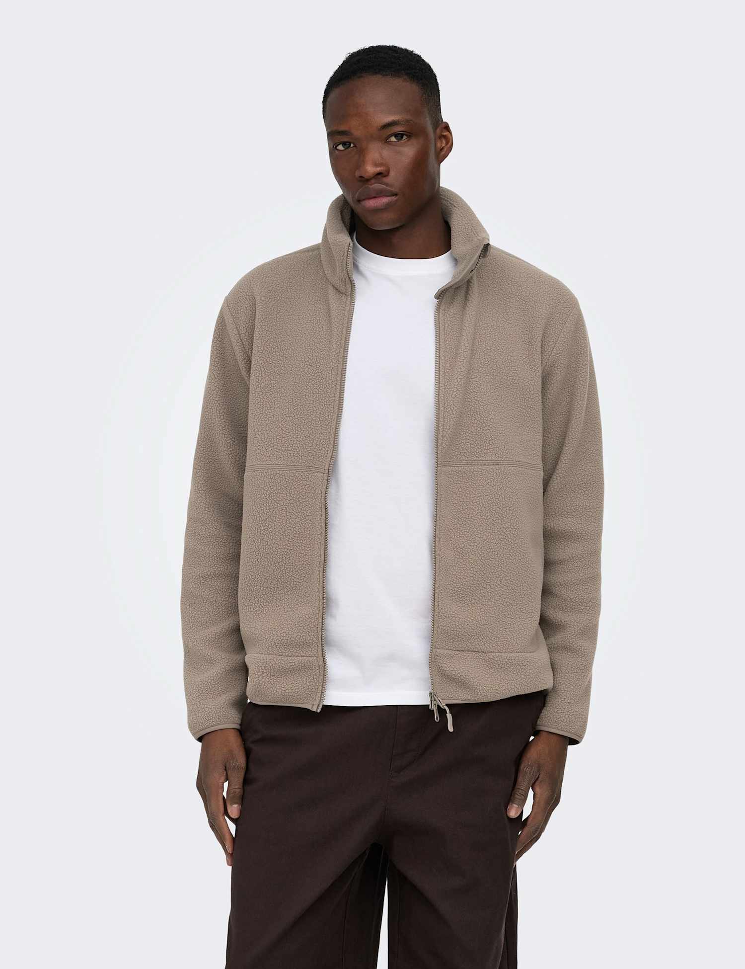 ONLY & SONS Fleece Zip Up Jacket Brown
