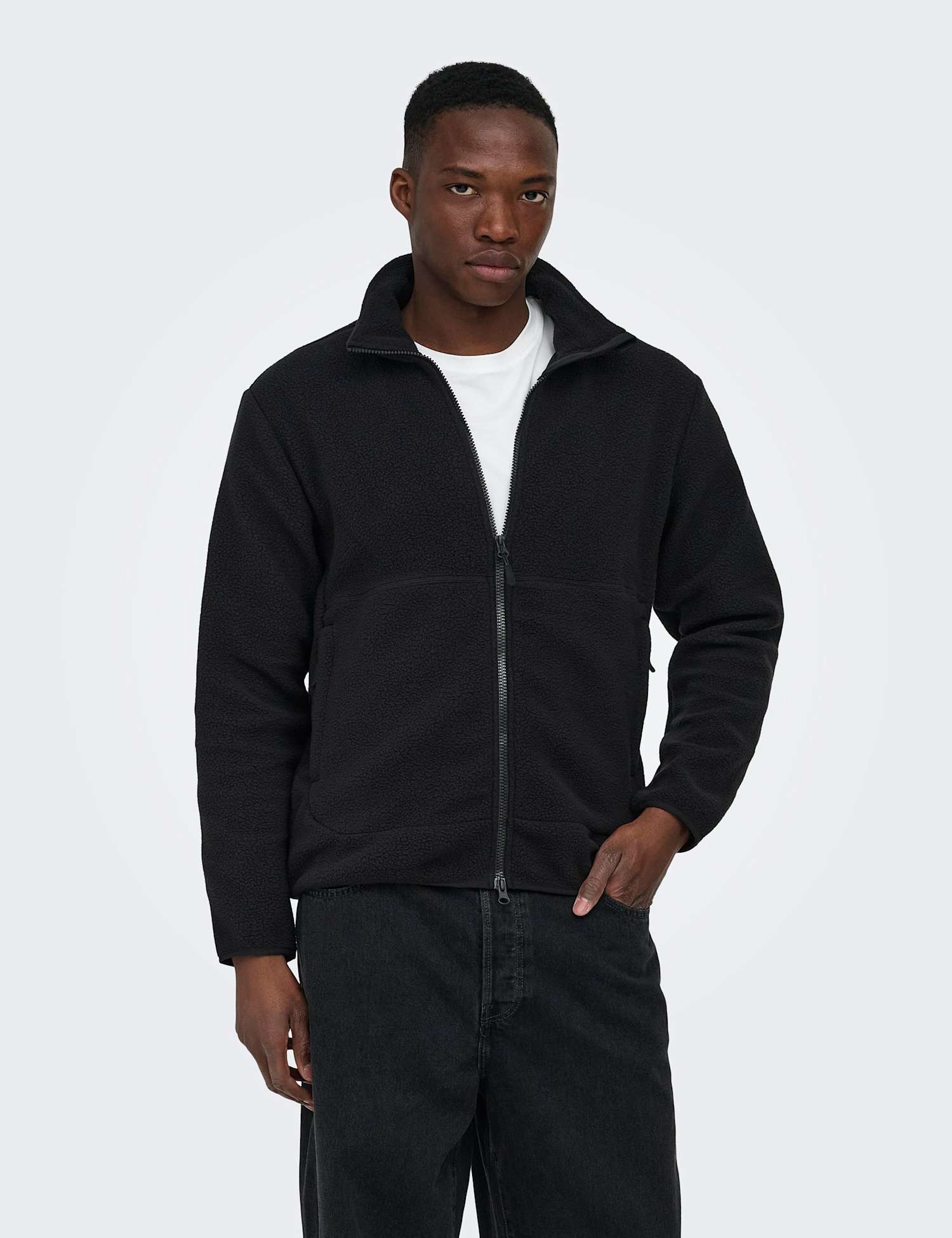 ONLY & SONS Fleece Zip Up Jacket Black
