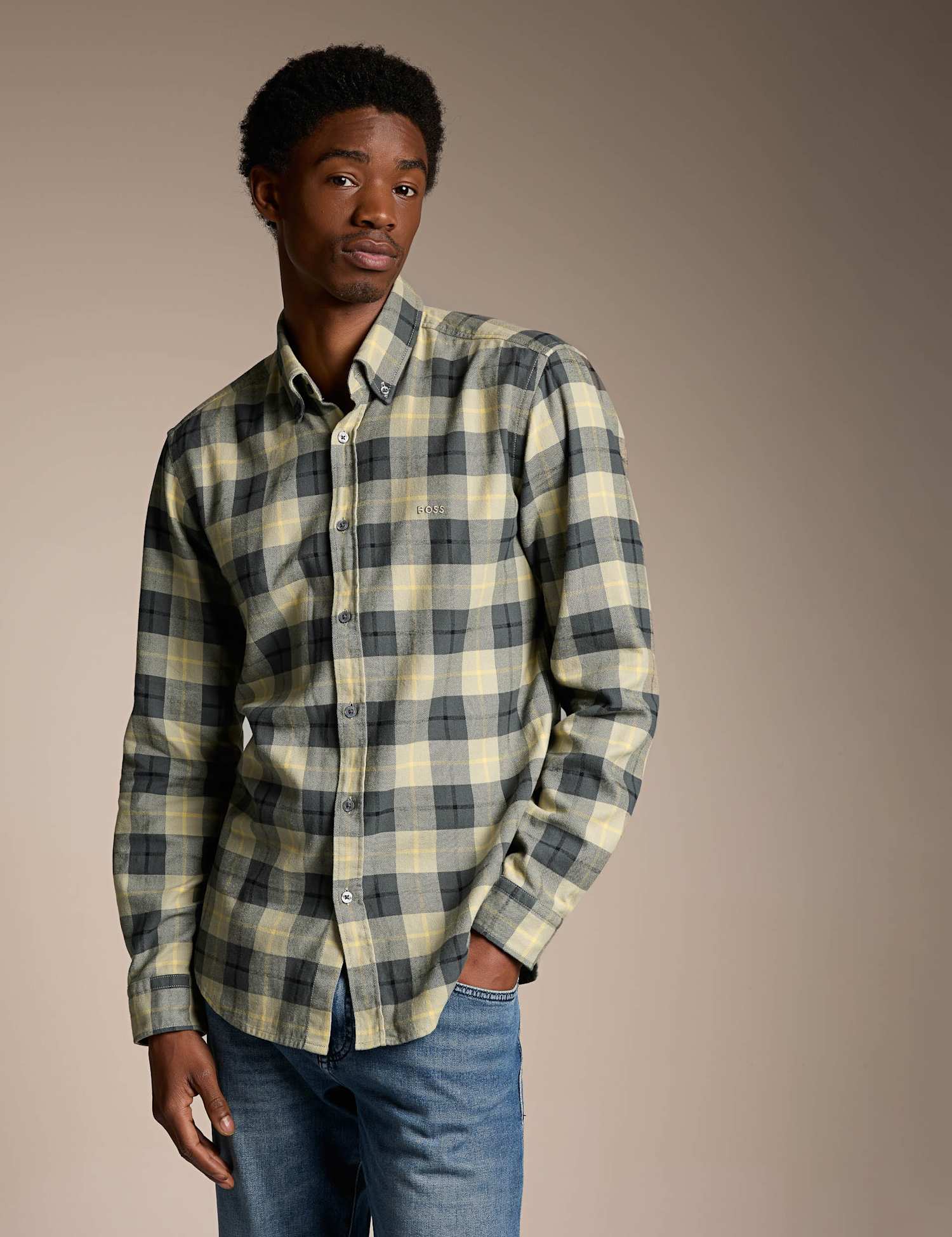 Boss Regular Fit Easy Iron Pure Cotton Checked Shirt Green Mix