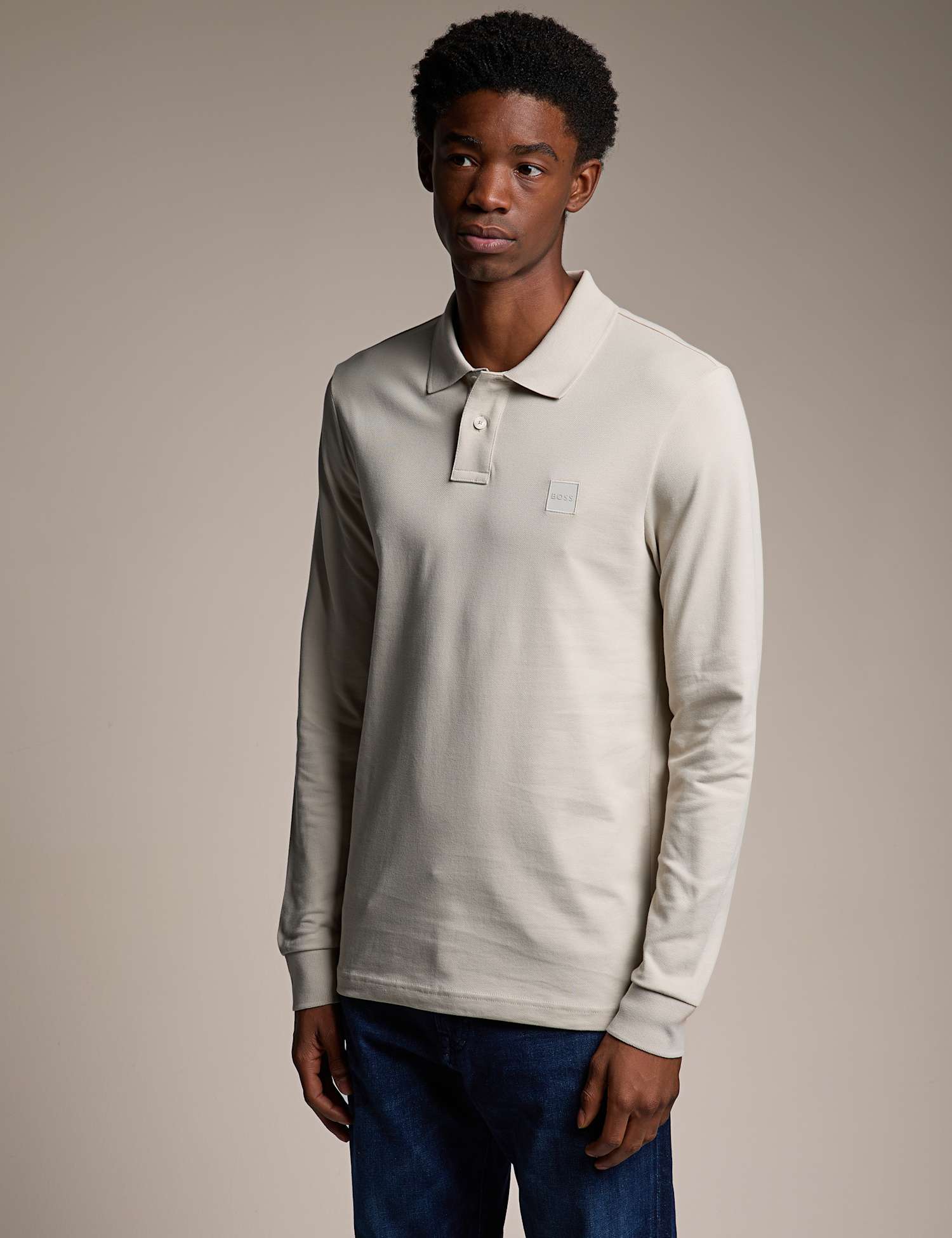Boss Passerby Cotton Rich Long Sleeve Polo Shirt Beige