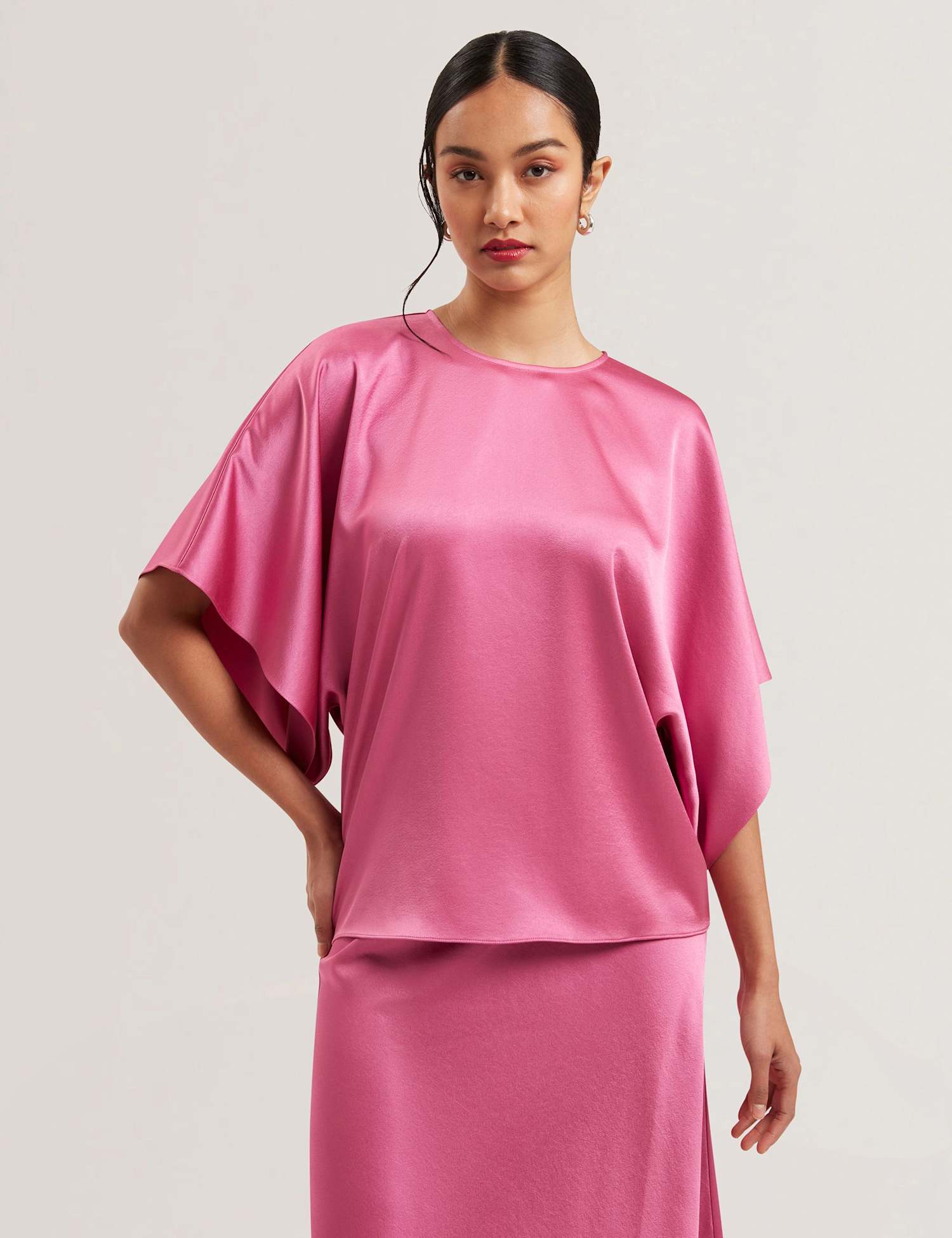 Ted Baker Satin Round Neck Batwing Sleeve Top Pink