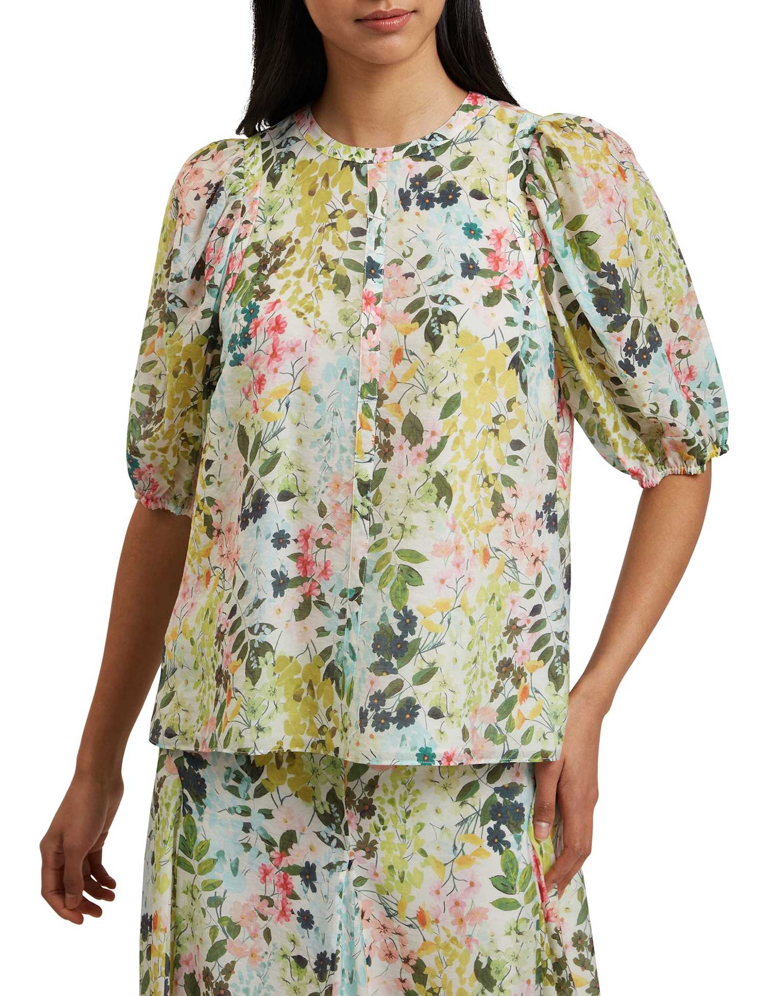 Ted Baker Lyocell Rich Floral Puff Sleeve Blouse Ivory