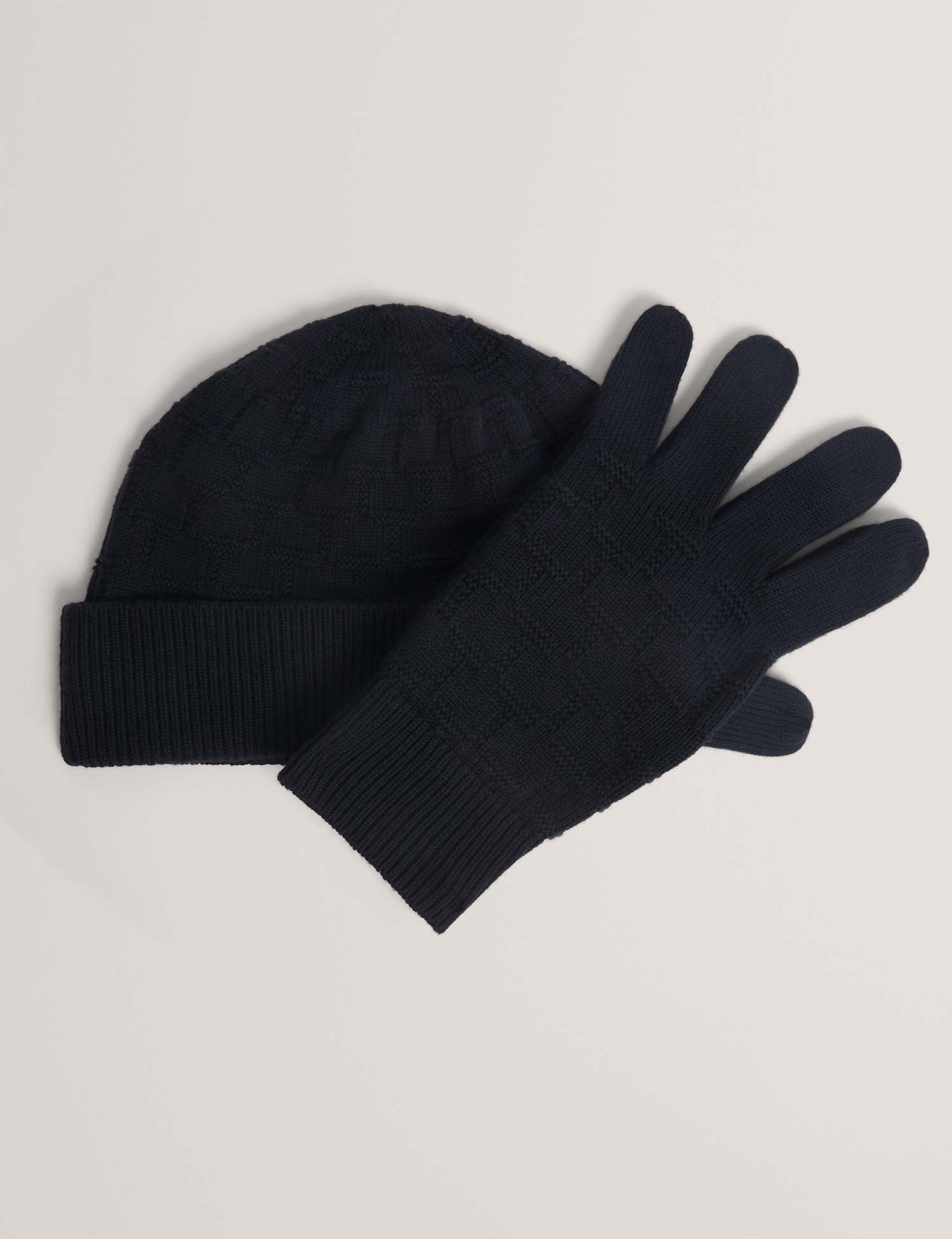Ted Baker Wool Blend Knitted Hat and Glove Set Navy