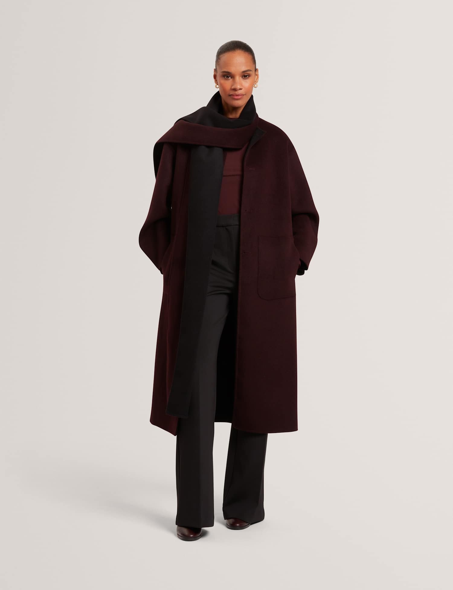 Ted Baker Wool Rich Reversible Longline Duster Coat Burgundy