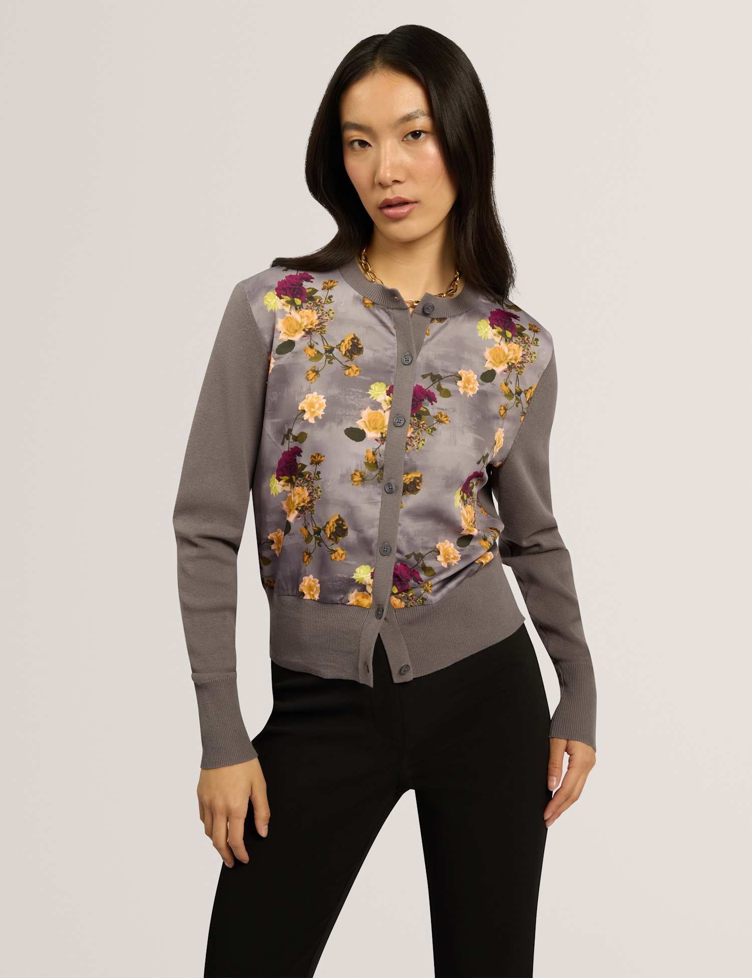 Ted Baker Cotton Rich Floral Button Front Cardigan Grey