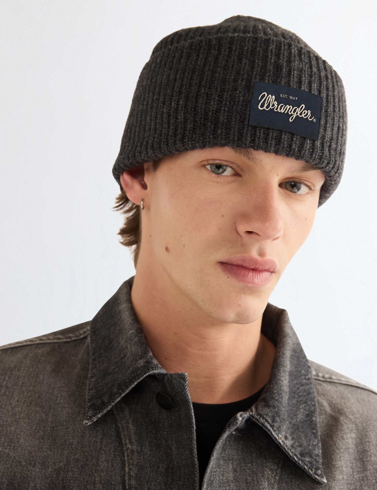 Wrangler Wool Rich Ribbed Beanie Hat Dark Grey