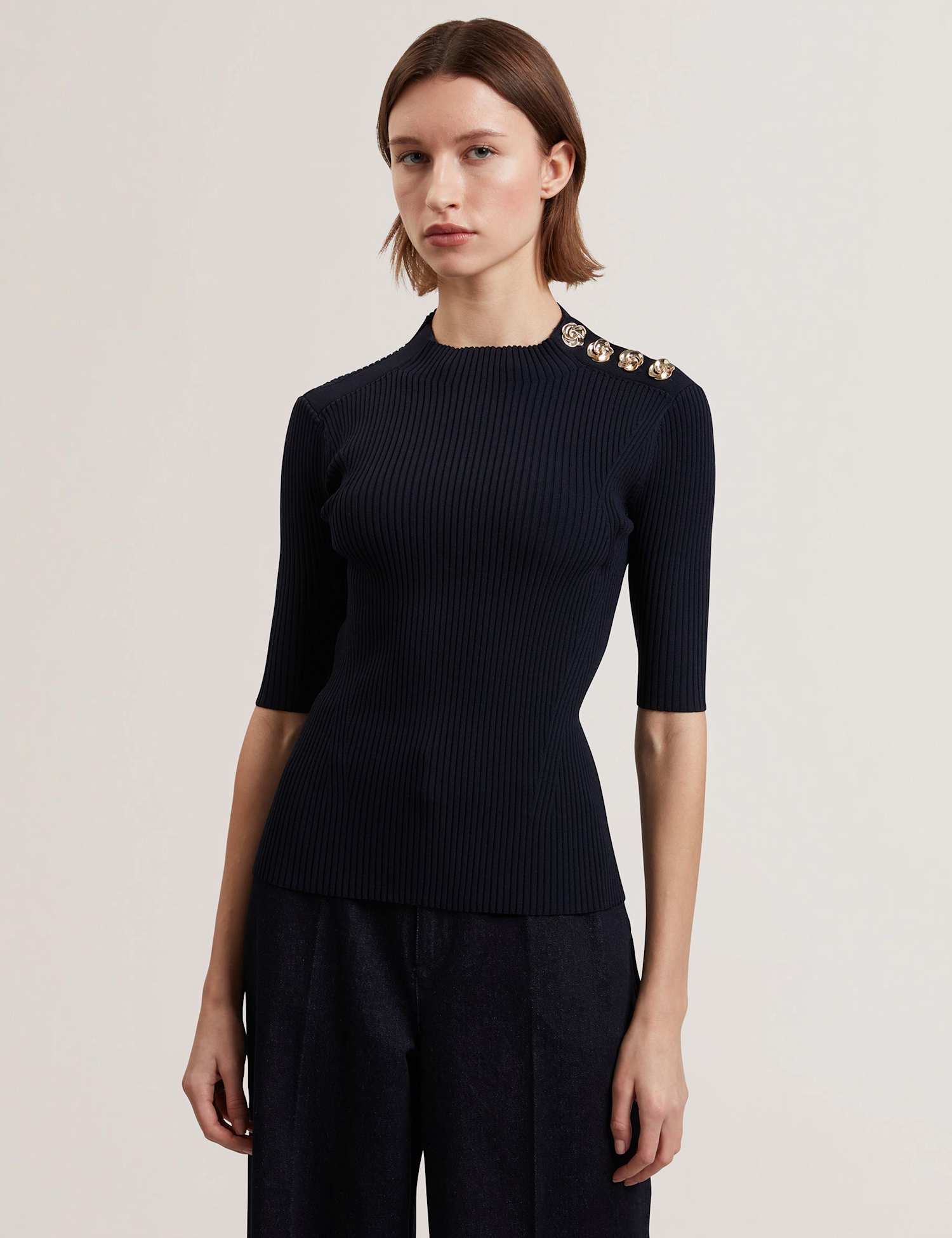 Ted Baker Ribbed High Neck Button Detail Top Navy