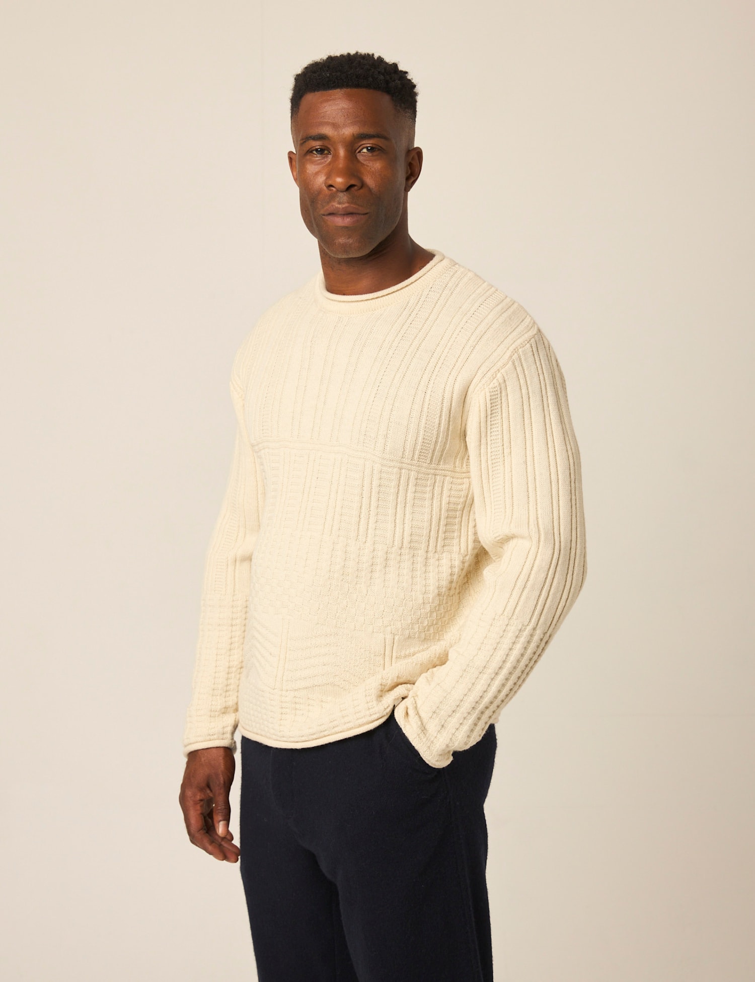Peregrine Pure Merino Wool Textured Crew Neck Jumper Cream